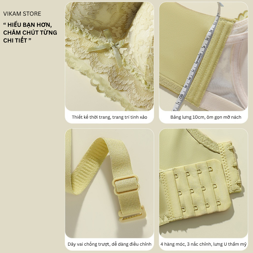 [Mã B72] Áo Ngực Nữ Ren Đệm 5cm Cao Cấp Áo Lót Nữ Ren Mềm Mại Nâng Dẩy Không Gọng Vikam Size 34-38 Màu Đen Hồng Kem Xanh_thumbnail_6