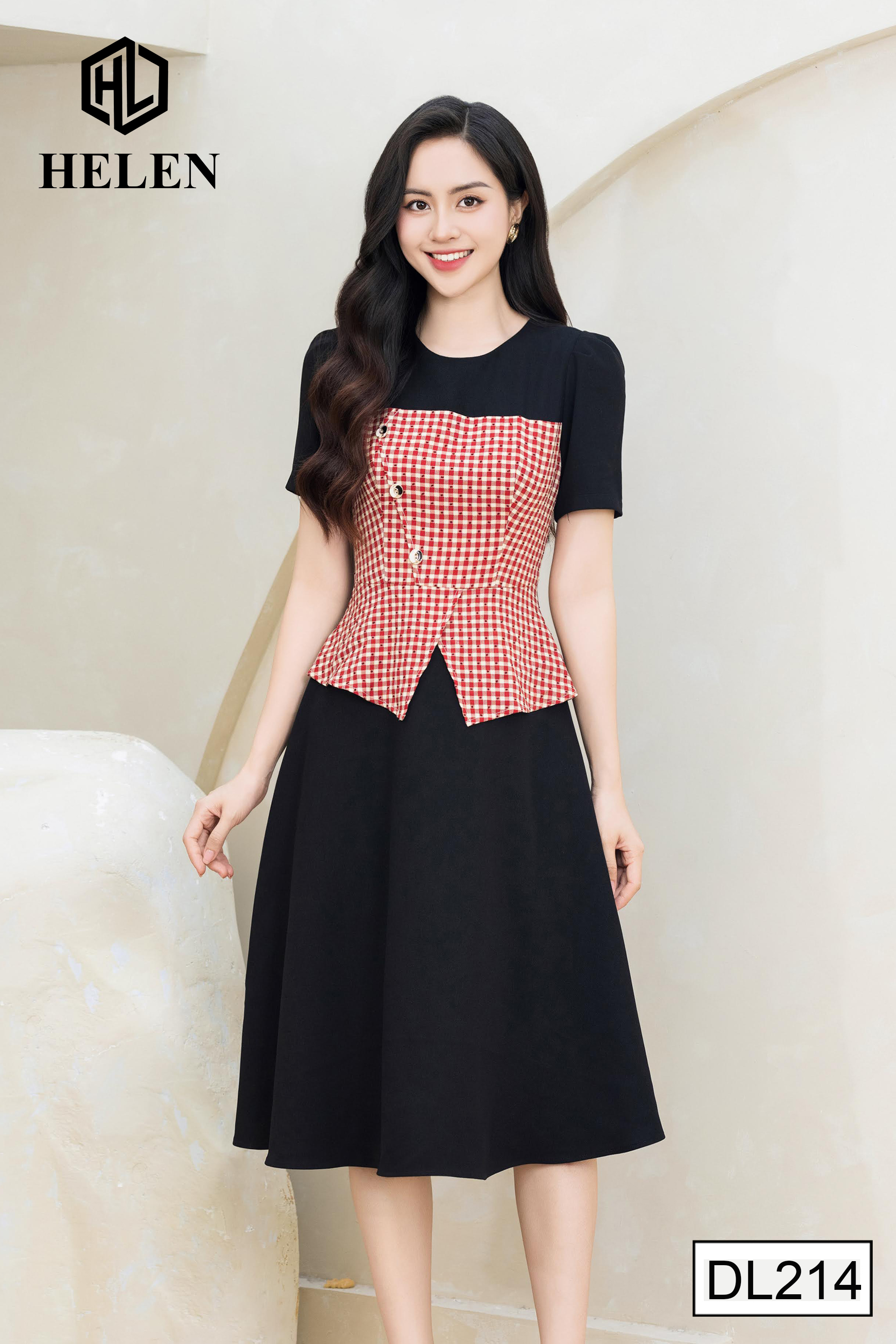 Đầm xòe peplum đen phối kẻ hạt đỏ cổ tròn DL214