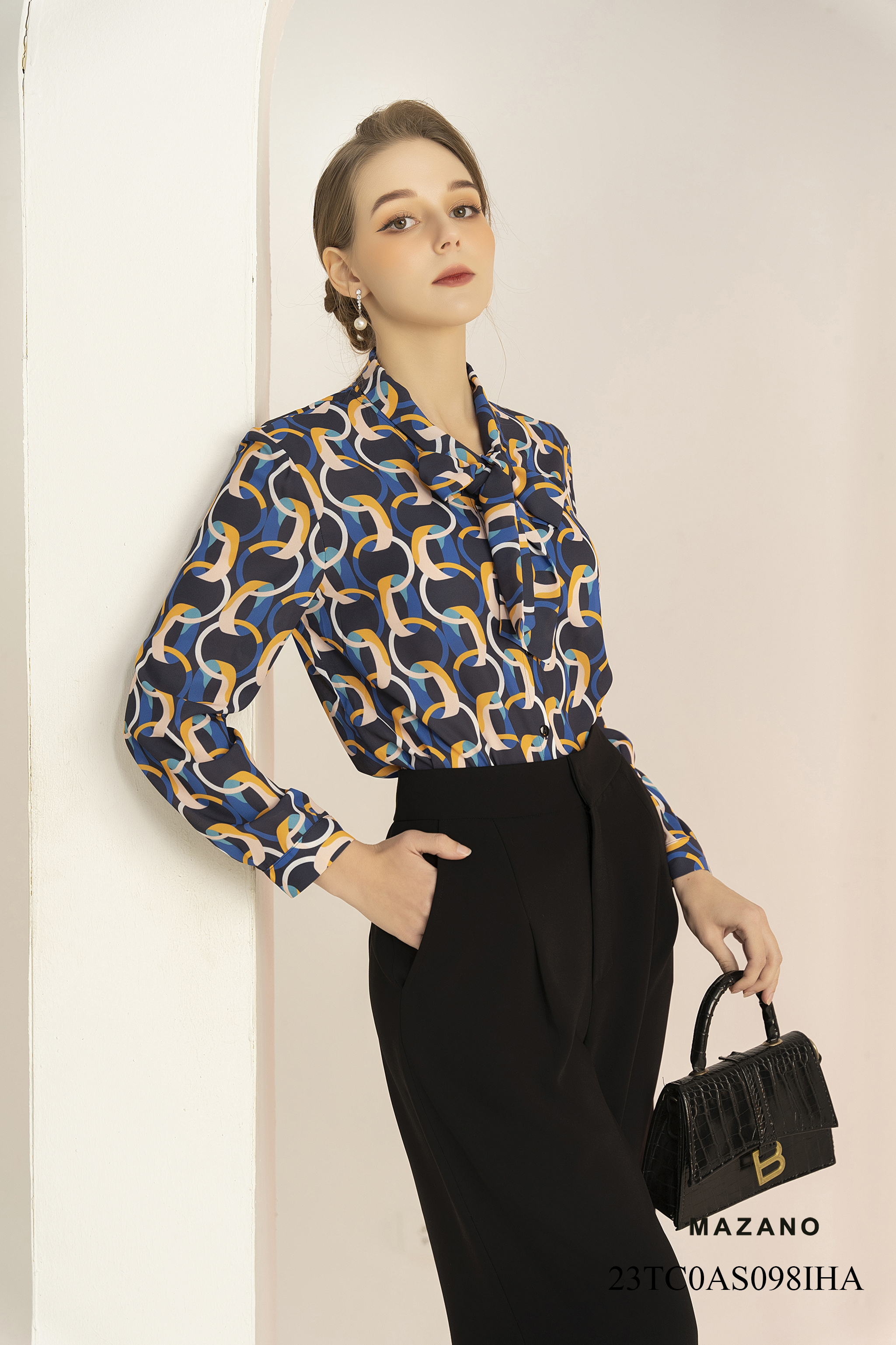 Áo sơ mi tay dài, buộc dây nơ_thumbnail_2