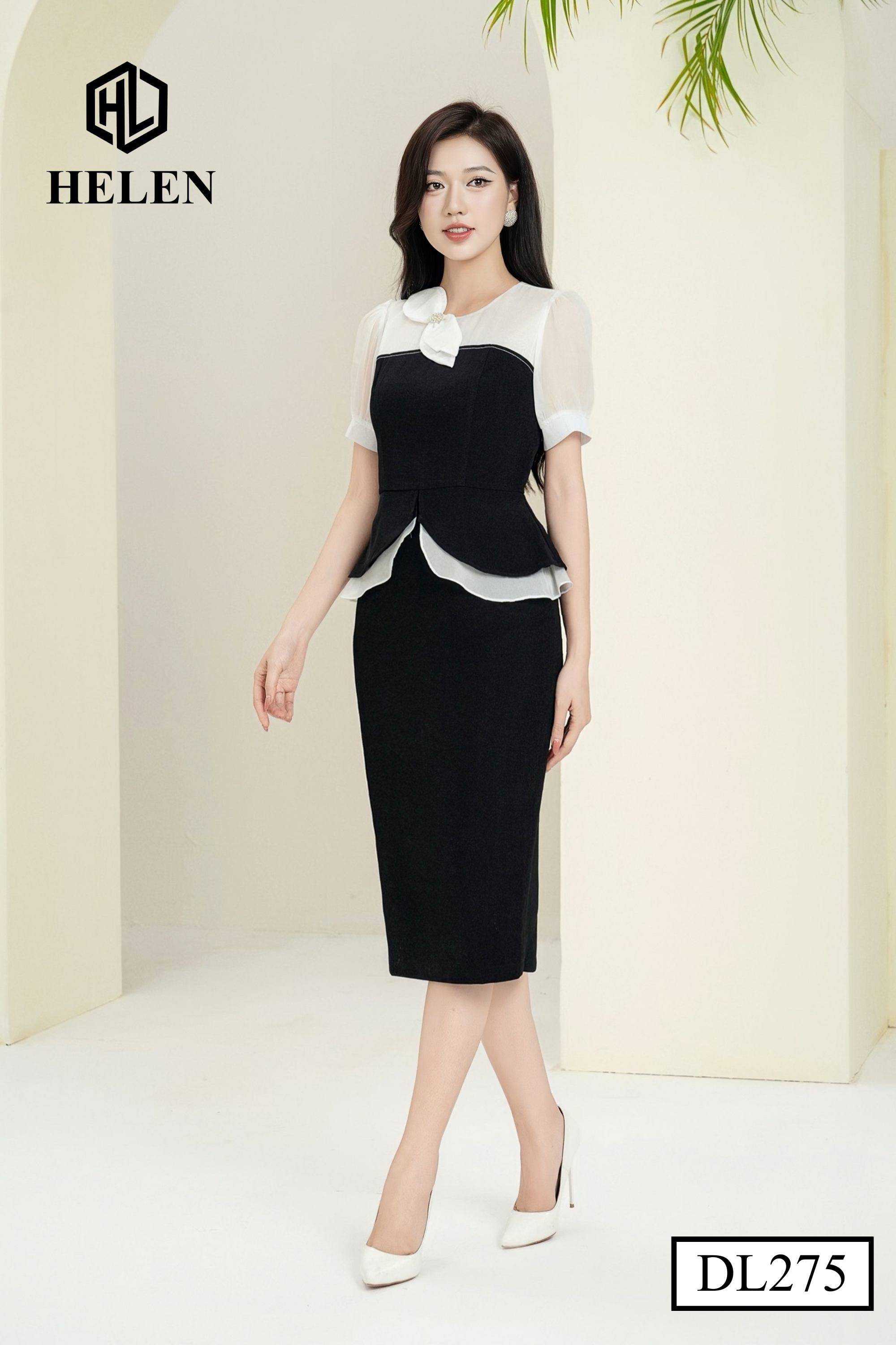 Đầm ôm peplum đen phối kem đính hoa ngực DL275_thumbnail_2