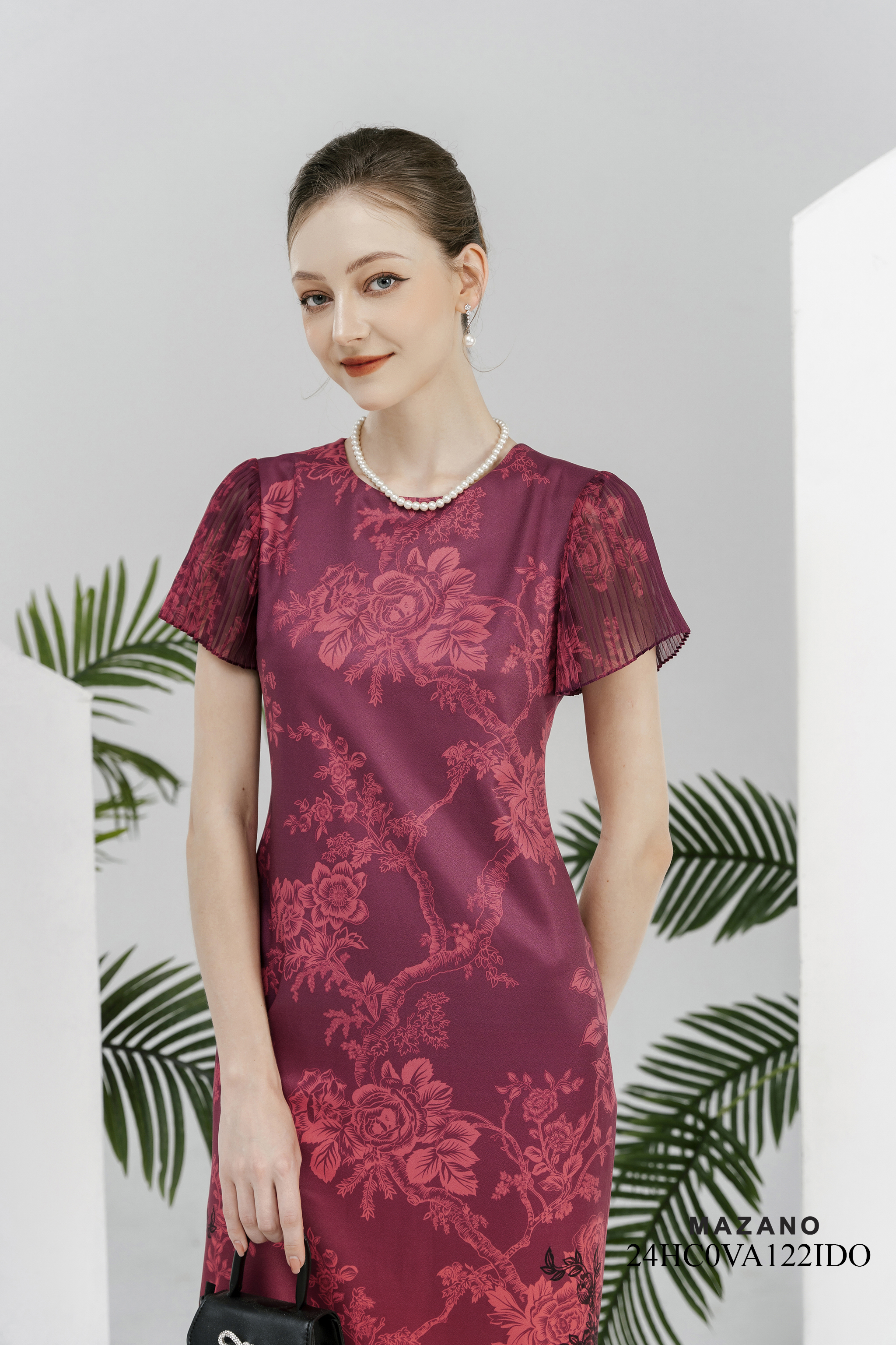 Váy Đầm Suông Vải thô mỏng Hoạ tiết hoa cách điệu in ombre Cổ tròn Tay ngắn Dài qua gối_thumbnail_3