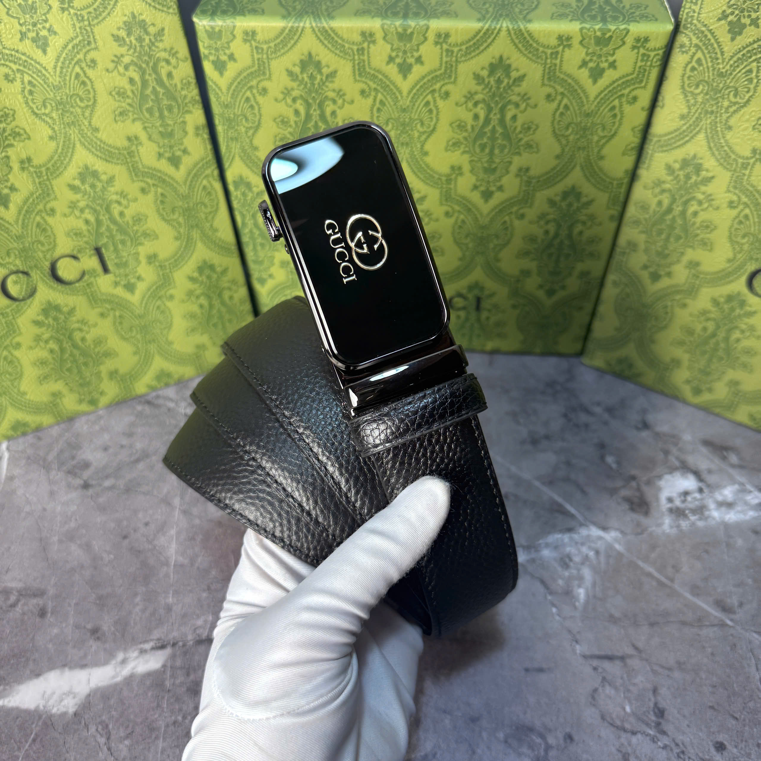 Thắt lưng Gucci đen trơn mặt kim loại bóng_thumbnail_7