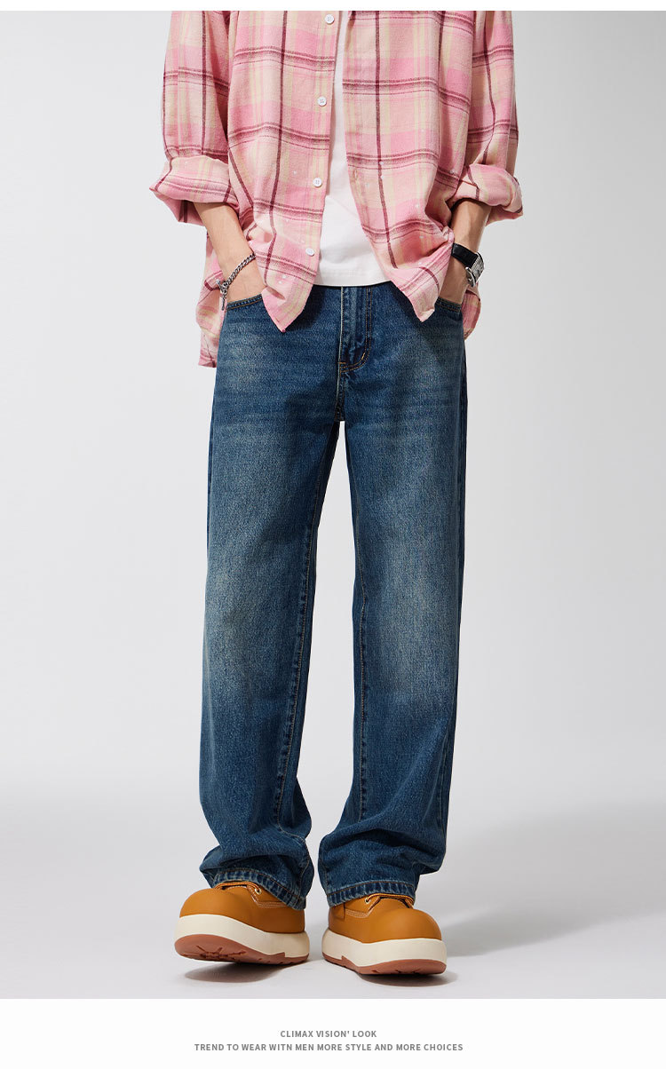 Clanfit Quần jeans nam màu xanh retro cổ điển mùa thu đông mới quần ống rộng ống rộng