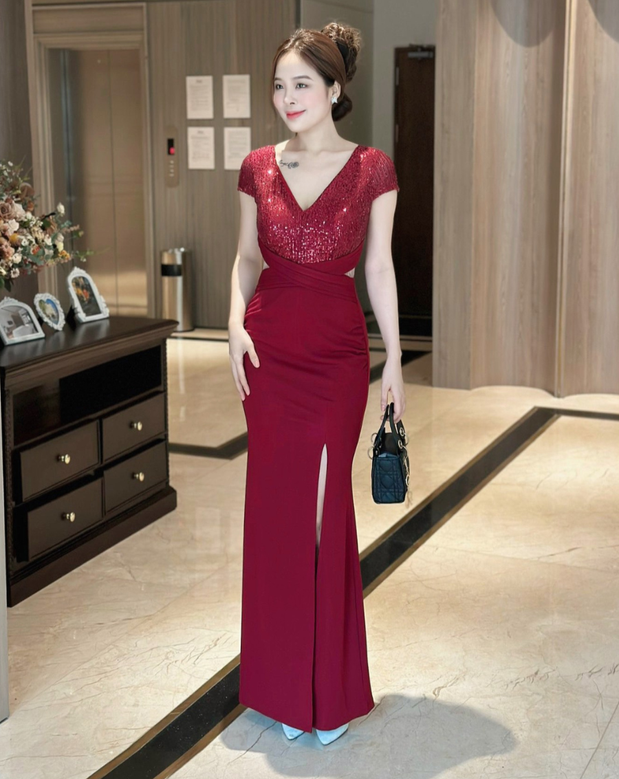 Đầm dạ hội phối Sequin cổ V chéo eo xẻ đùi sang trọng_thumbnail_2