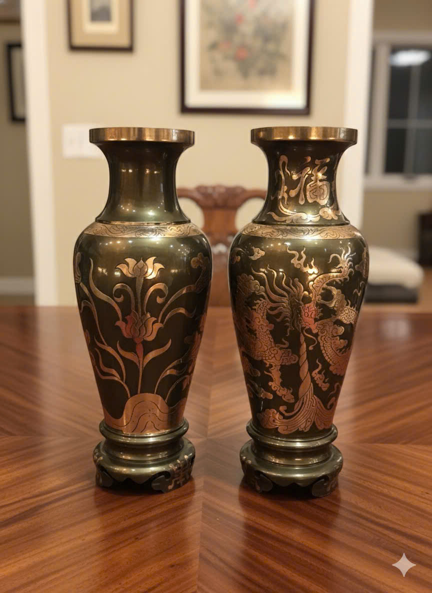 Lọ hoa bằng đồng đỏ phớt cạo màu hoa văn 