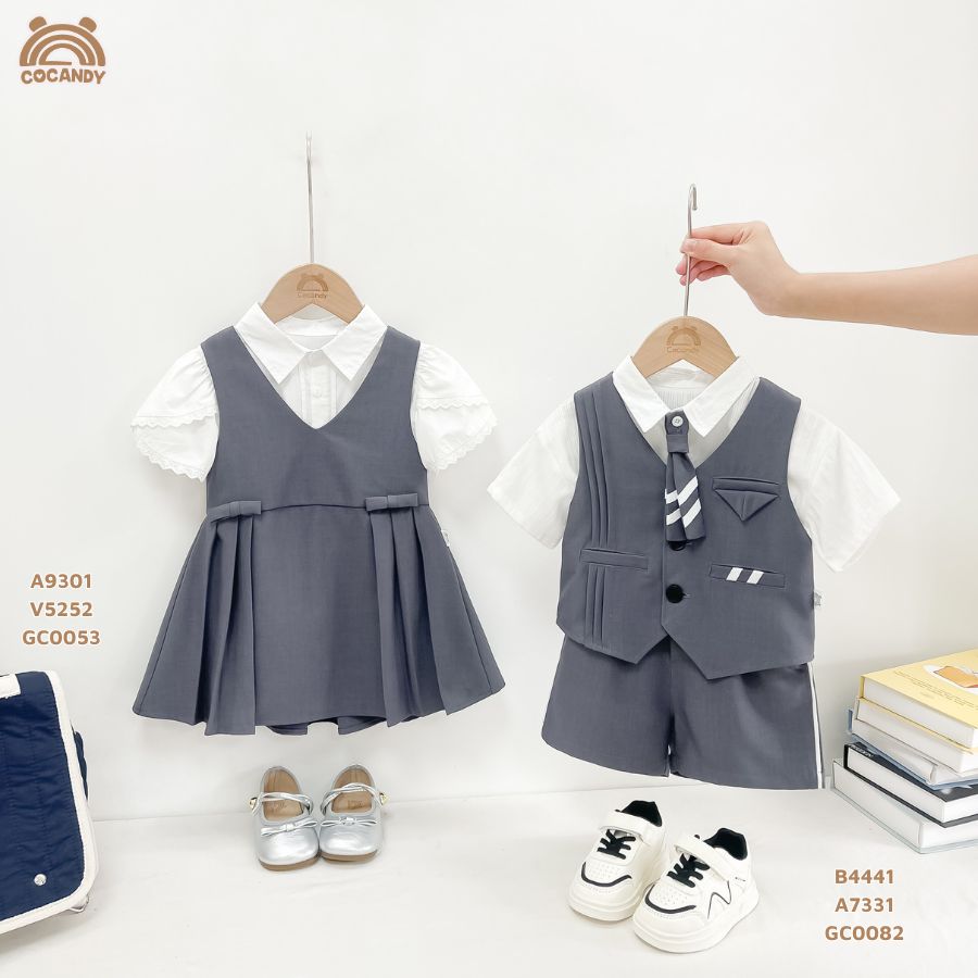 Bộ cộc GHI gile sọc trắng kèm nơ cổ_thumbnail_6