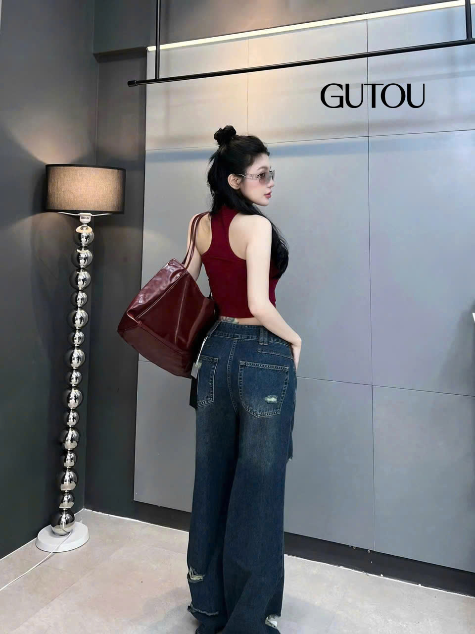 [ GUTOU ] Quần Jean Suông Rách Wash Đậm Cá Tính_thumbnail_2