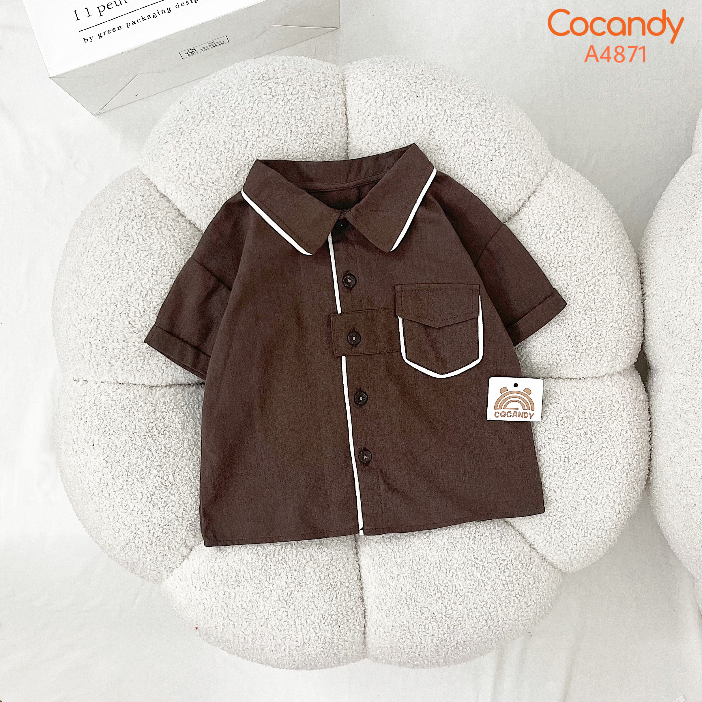 Áo cộc sơ mi NÂU phối viền BE túi ngực_thumbnail_1