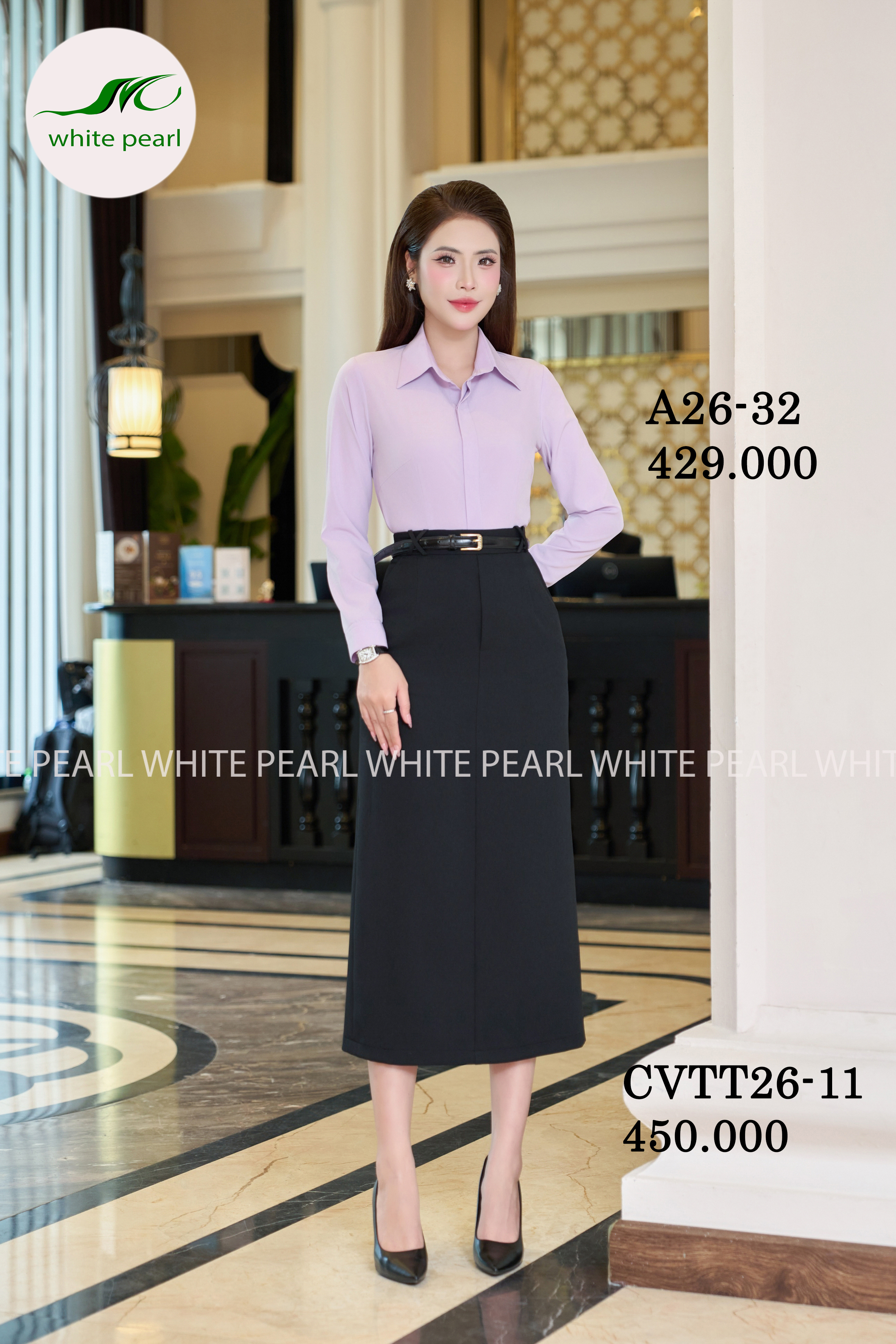 Áo sơ mi cổ đức tay dài kết hợp Chân váy ôm suông đỉa X CVTT26-11 Thời trang công sở cao cấp White Pearl_thumbnail_0
