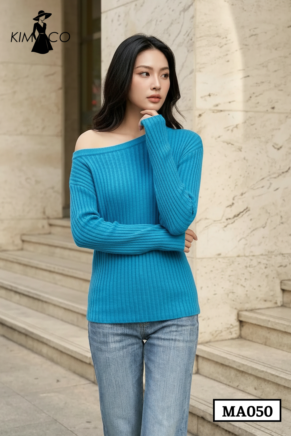 Áo Len Lệch Vai Gân Xanh Ngọc - MA050