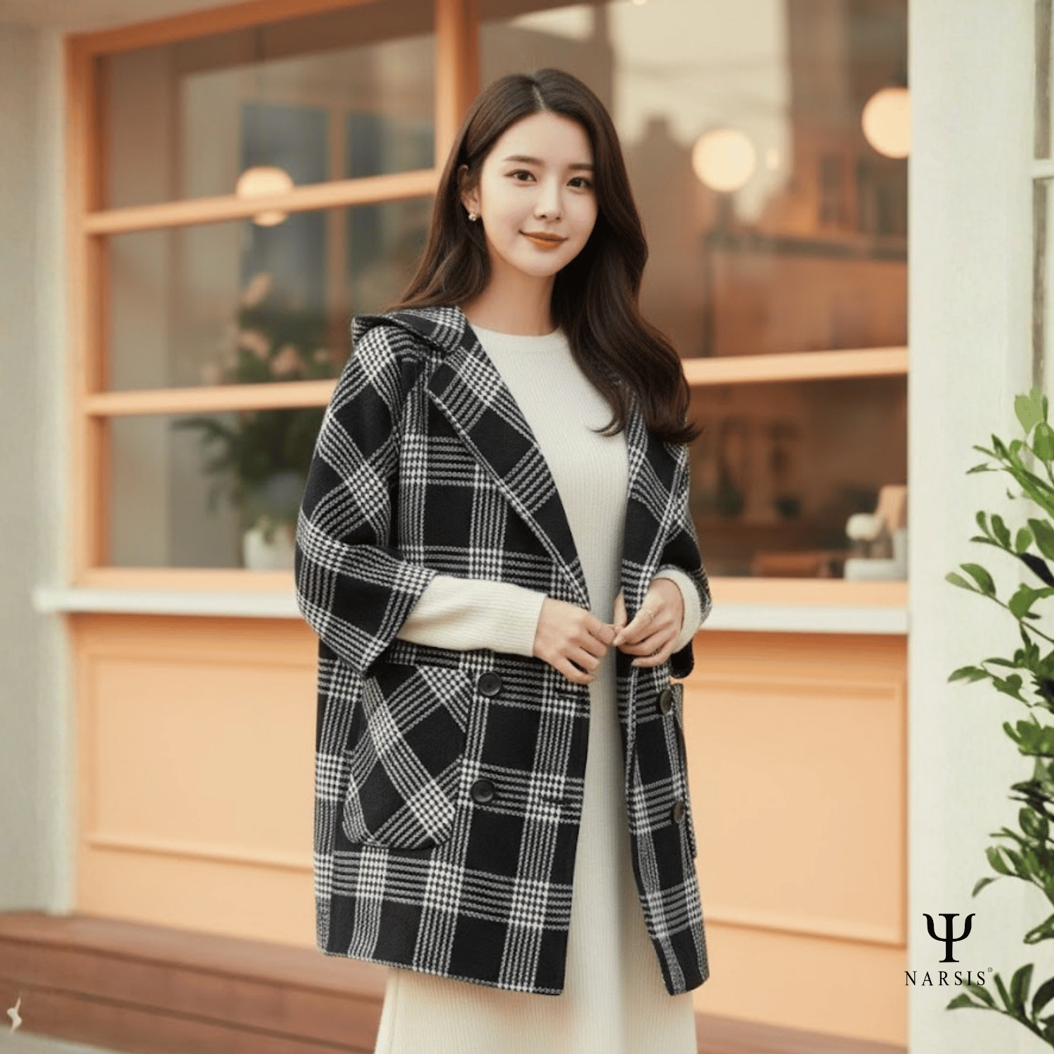 Áo Choàng Nữ Narsis, Kẻ Caro Đen Trắng, Chất Liệu Cao Cấp, Dễ Phối Đồ, Phong Cách Hiện Đại_thumbnail_2