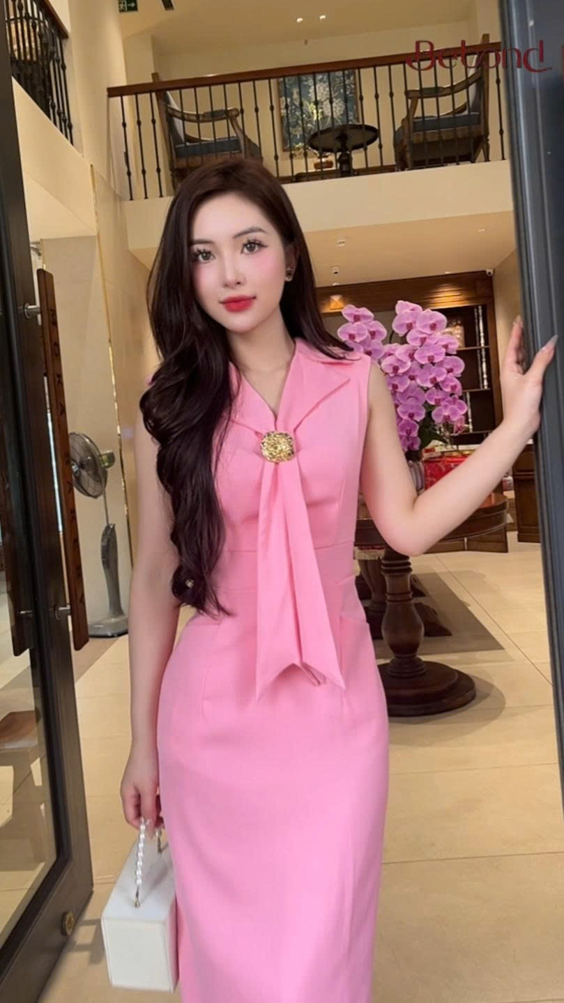 Đầm tay hến cổ cách điệu CADY màu  HỒNG Pastel