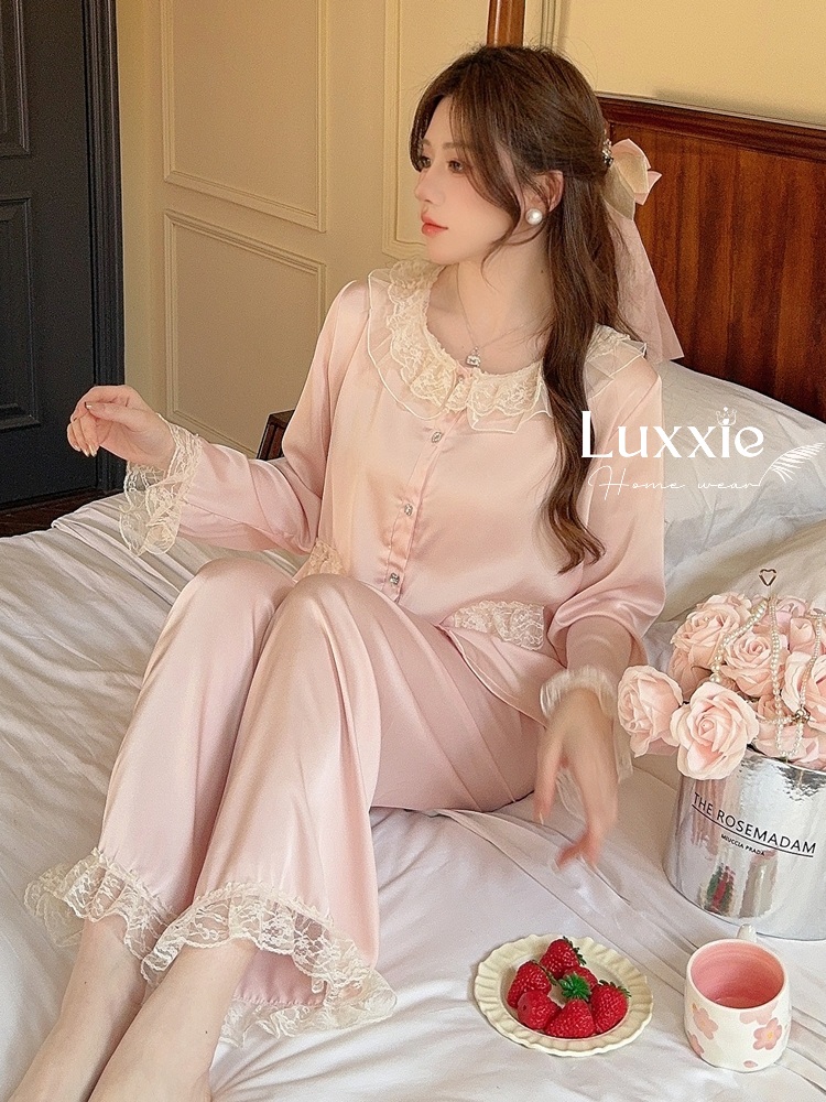 LEDAI14 Pijama lụa hồng cổ tròn ren