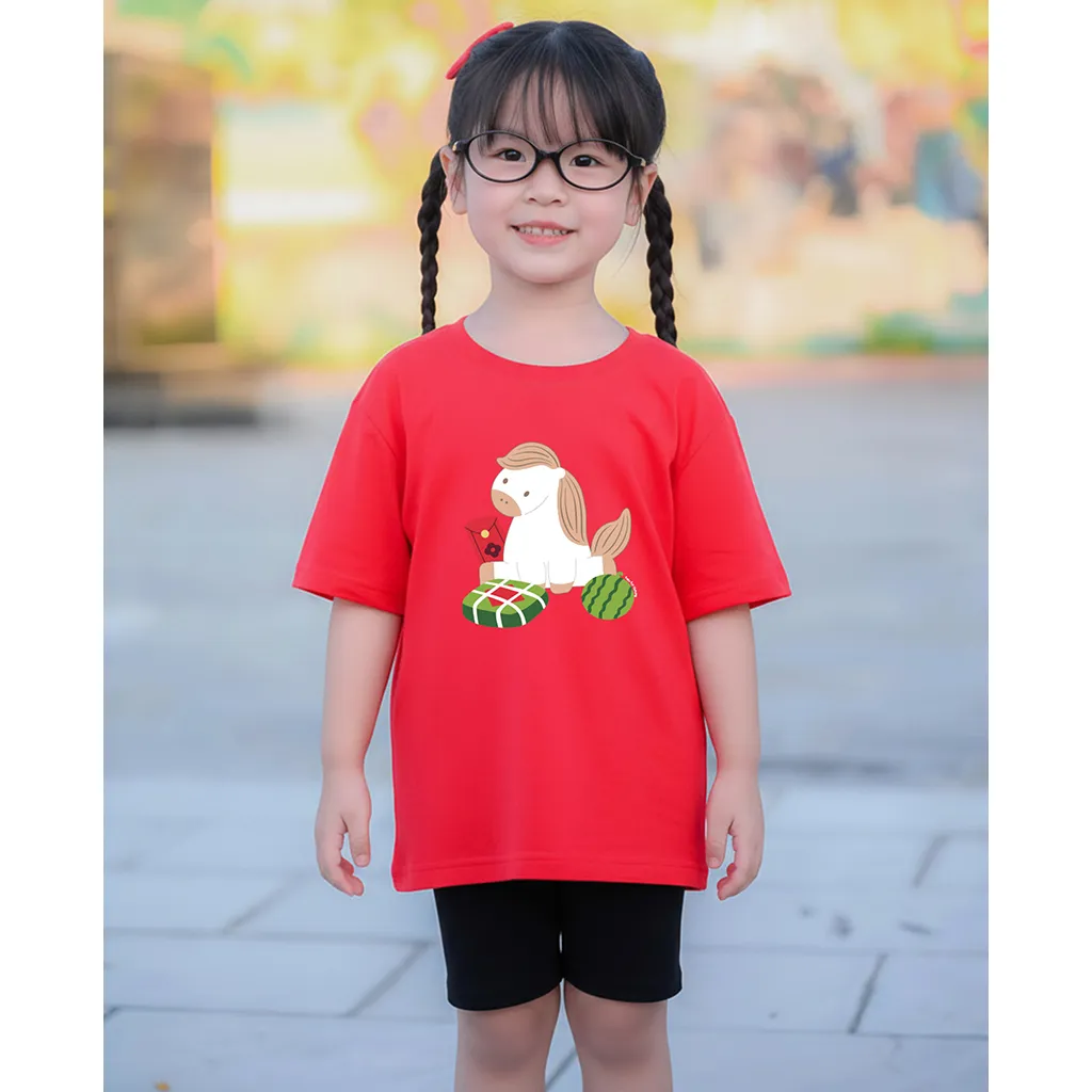 Áo thun Tết bé gái Kado vải cotton thoáng mát tay ngắn cổ tròn hình Ngựa in artwork 2944_thumbnail_2