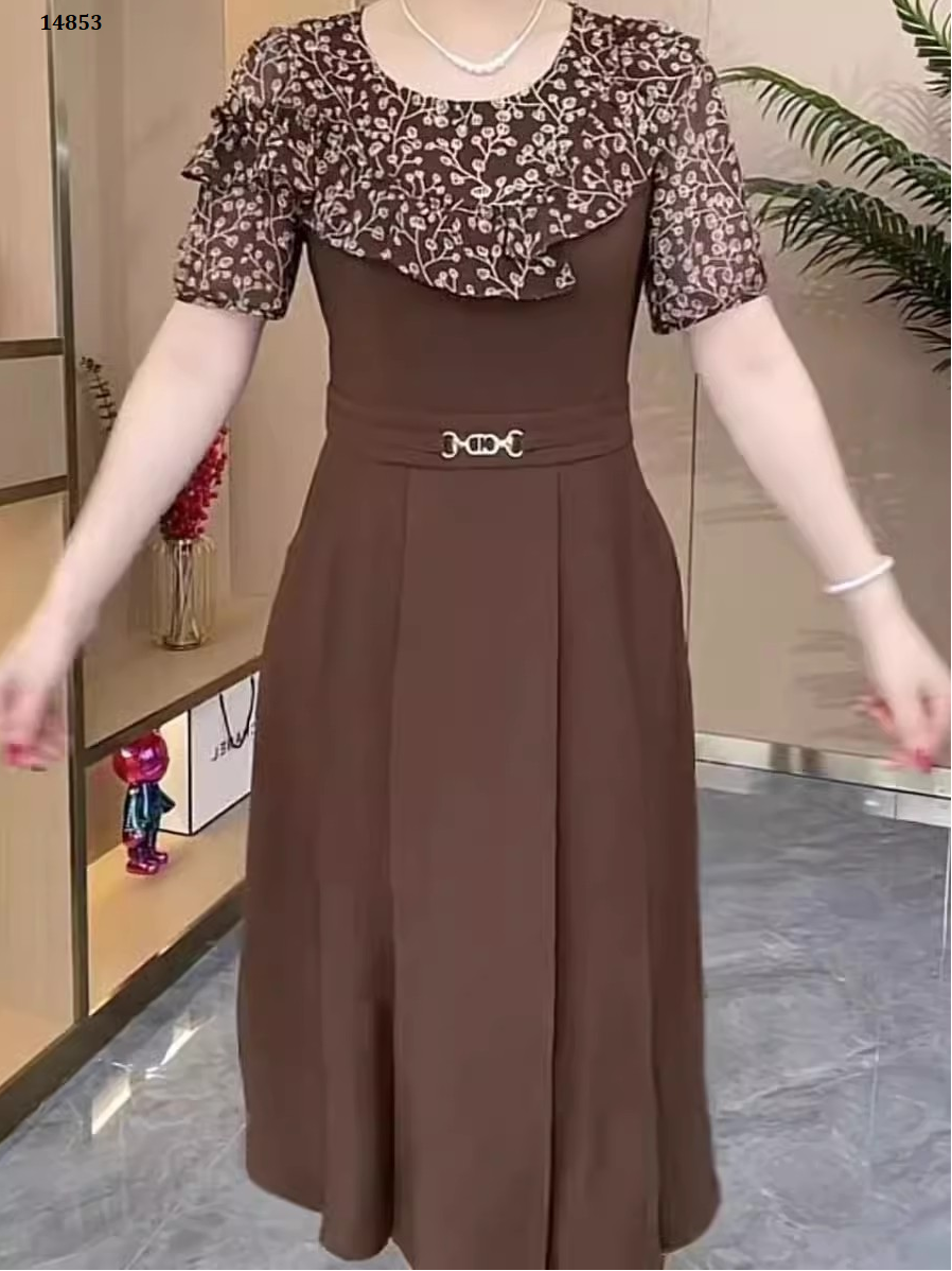14853-Đầm xòe  nâu phối voan hoa nhí  cách điệu ( lụa chéo. voan)_thumbnail_0
