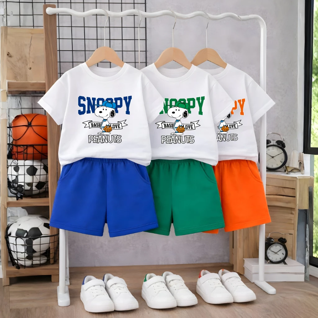 Set đồ bé trai Snoopy (gồm áo thun+quần đùi) chất liệu thun cotton - Đồ bộ trẻ em nam cân nặng từ 15-40kg- SB599 SB599