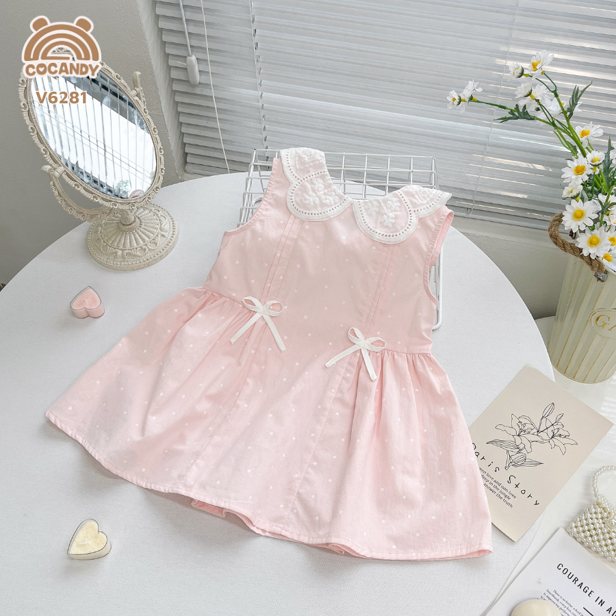 Váy sát nách HỒNG chấm bi nhún phối 2 nơ_thumbnail_2