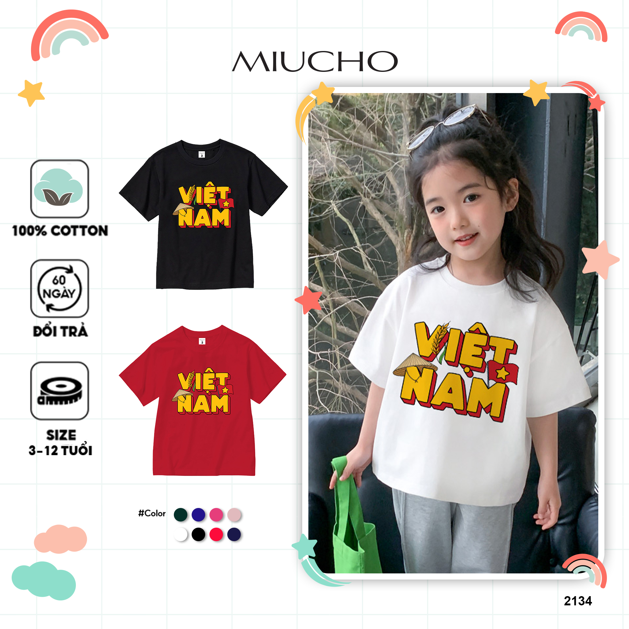 Áo thun Việt Nam tôi yêu cho bé gái form rộng 2134 Miucho Kid vải cotton thoáng mát co giãn in mix