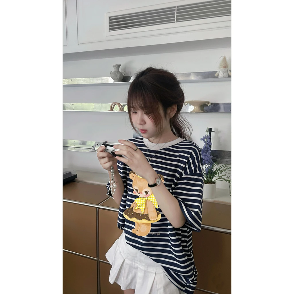 Áo thun boxy nữ Miucho vải borip mềm mại thoáng mát gấu dễ thương sọc mix màu in artwork 2731_thumbnail_4