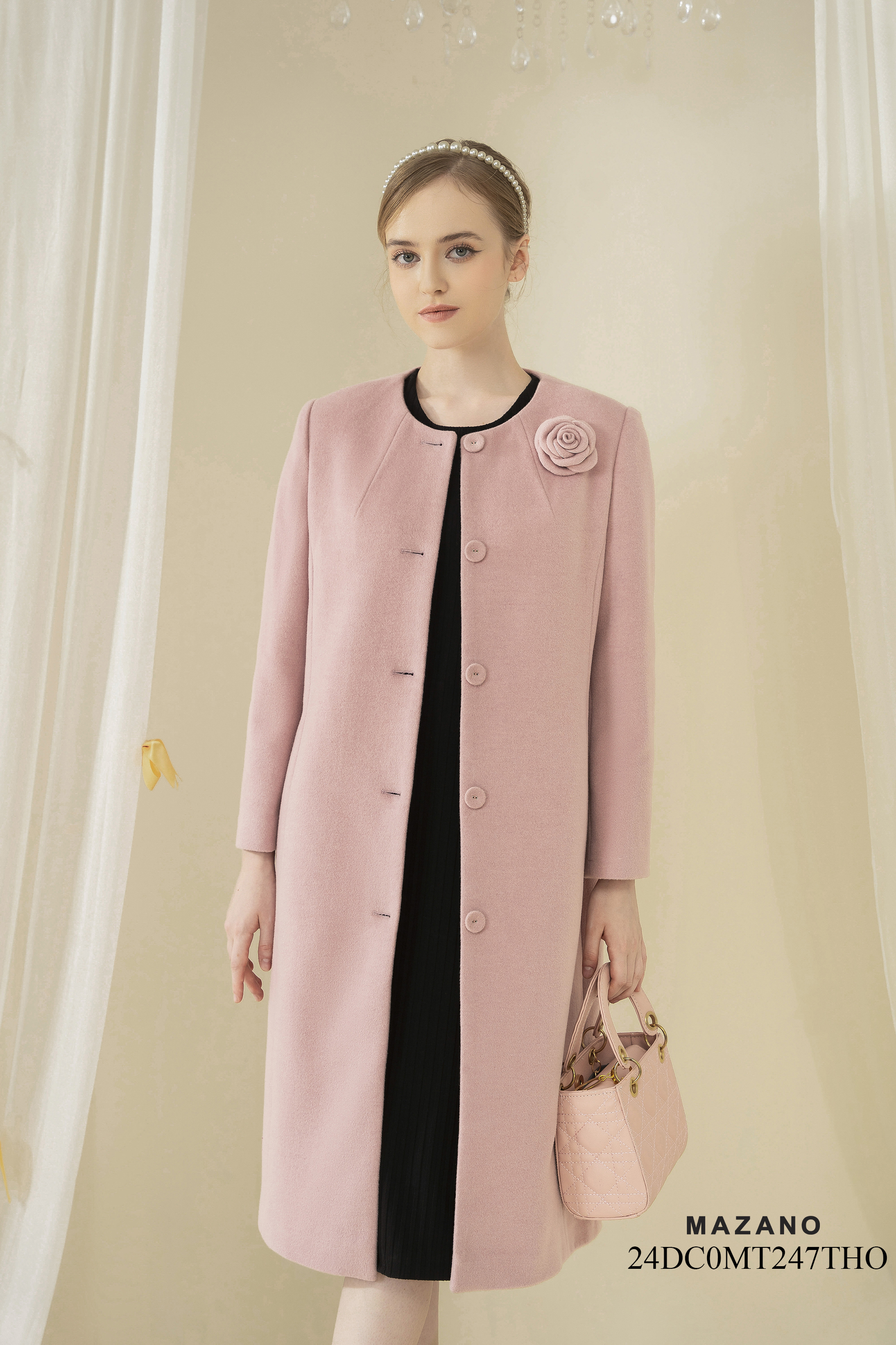 Áo dạ măng tô Suông Vải dạ lông cừu Đính hoa thủ công Cổ tròn Dài dưới eo_thumbnail_2