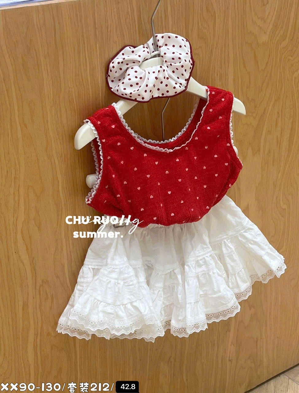 (S39) (bé tăng 1 size )Set áo 2 dây chấm tim đỏ mix cùng chân váy thô trắng_thumbnail_0