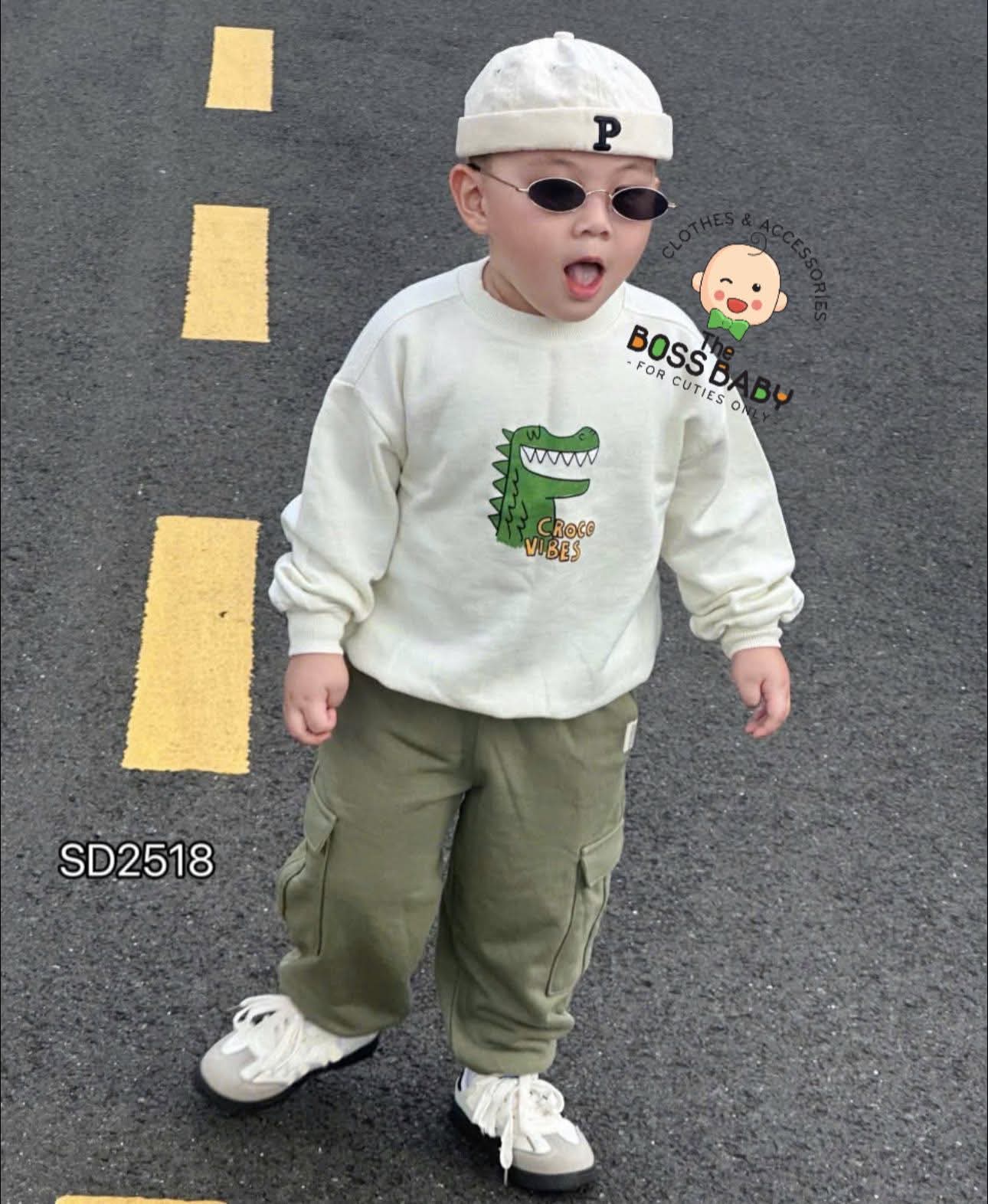 Set bộ nỉ bông kem rêu khủng long