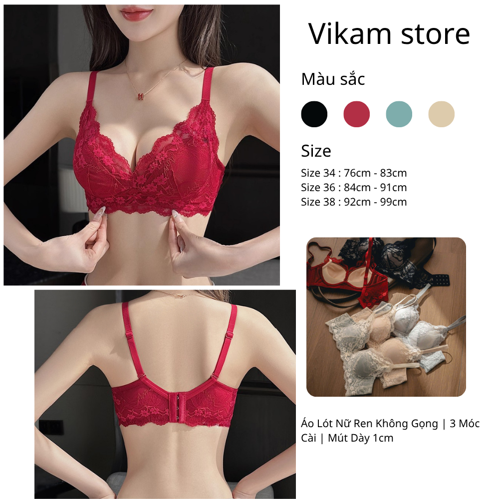 [Mã B66] Áo Lót Ren Nữ Nâng Vòng 1 Không Gọng Áo Bra Chất Ren Mỏng Không Gọng Có Mút Đệm Tròn Gom Quả Chống Xệ Hạn Chế Ngấn Mỡ Lưng -- Vikam