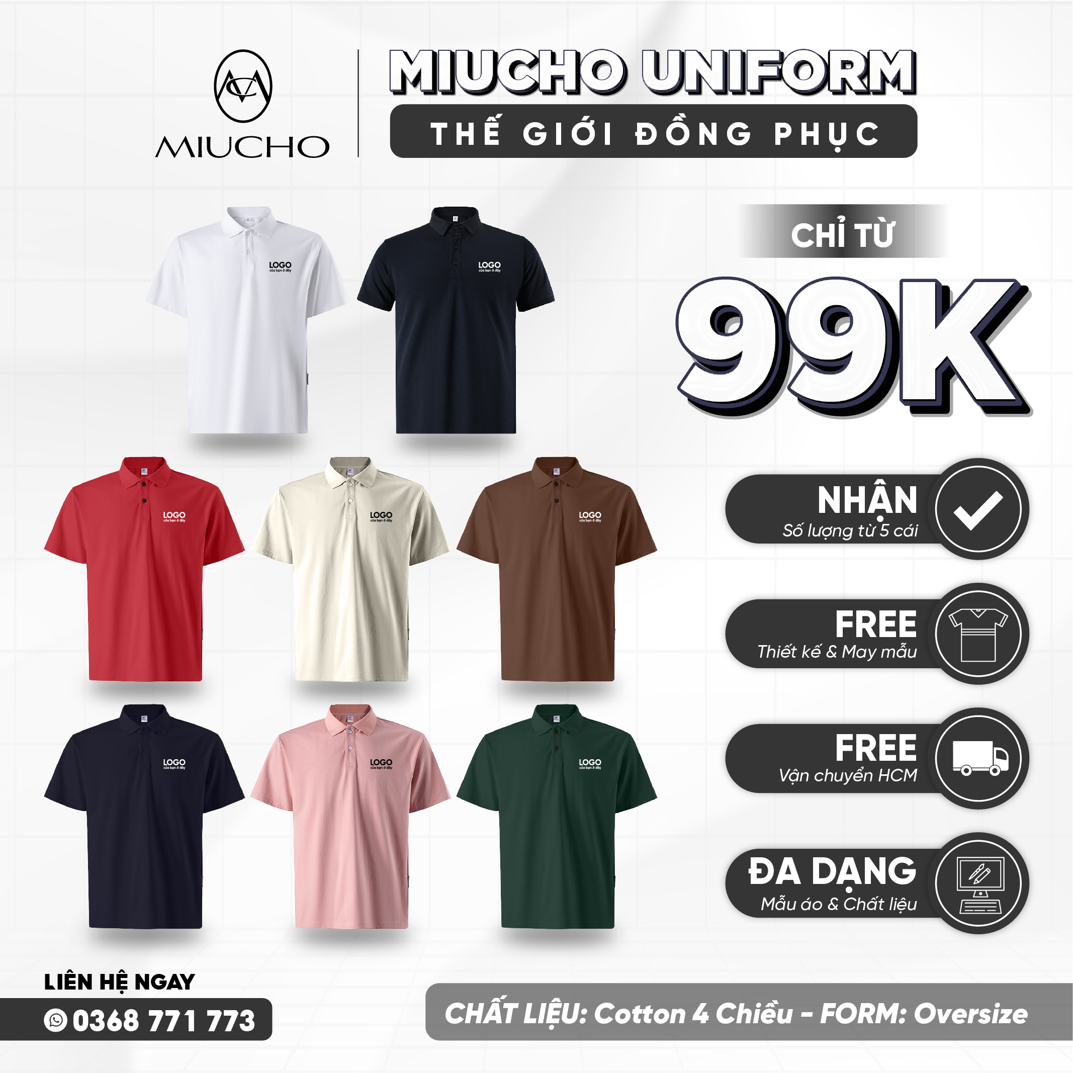 Áo polo trơn form rộng cotton PLT01 Miucho cổ trụ in basic