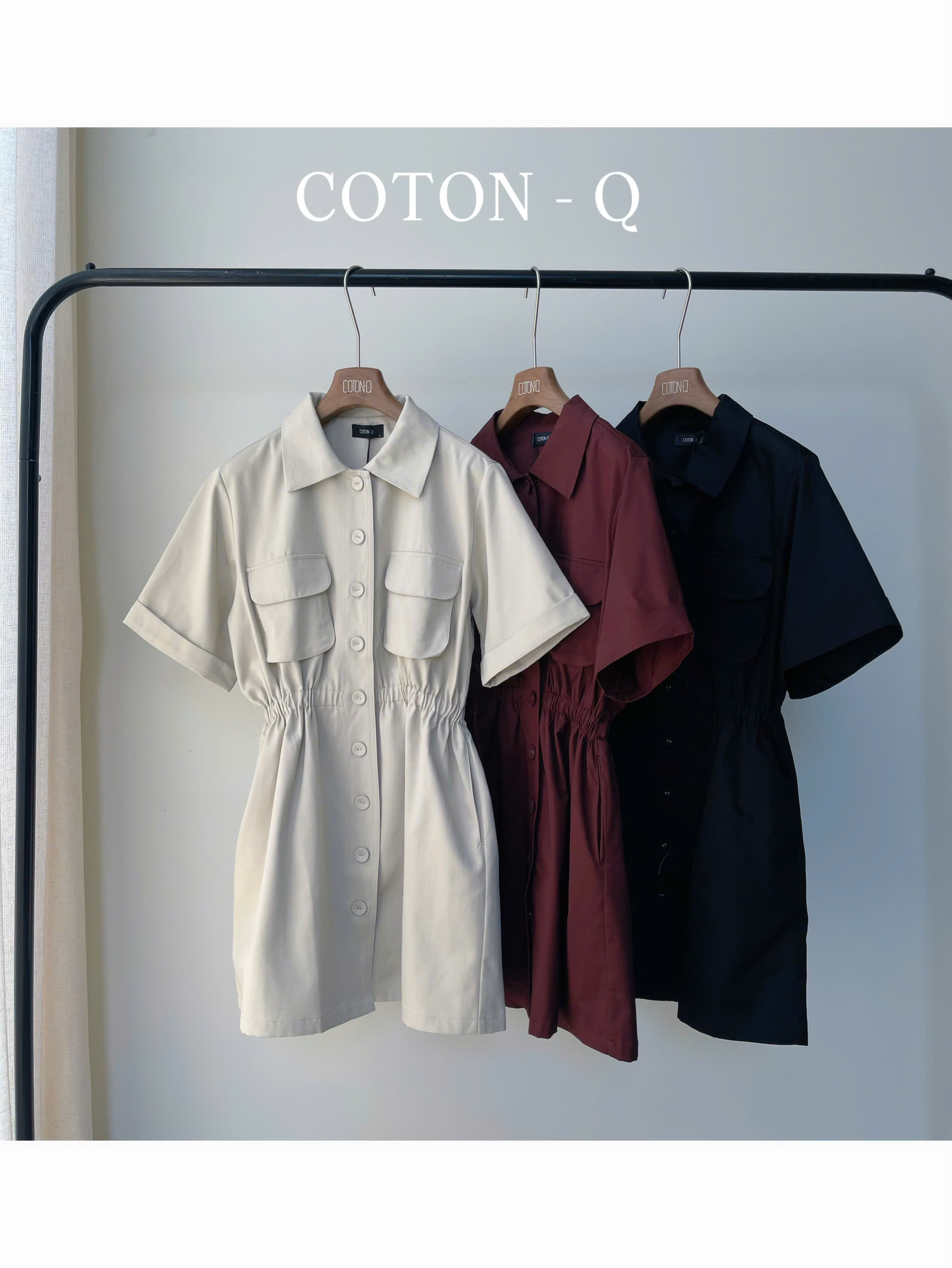 TV3 Đầm nữ Coton Q nhún 2 túi ( ĐEN )