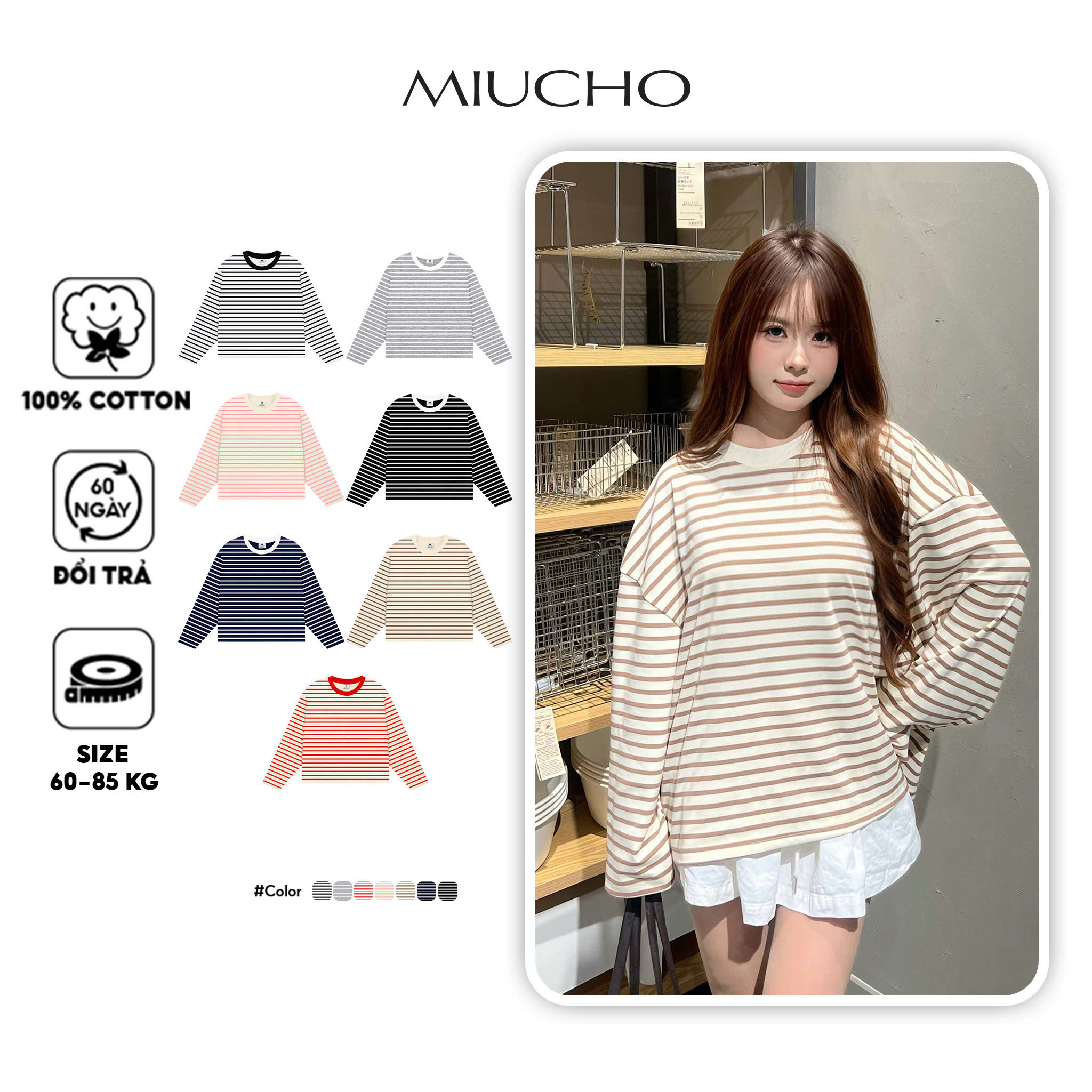 Áo tay dài form boxy Miucho cổ tròn vải thun rib thoáng mát AT00055