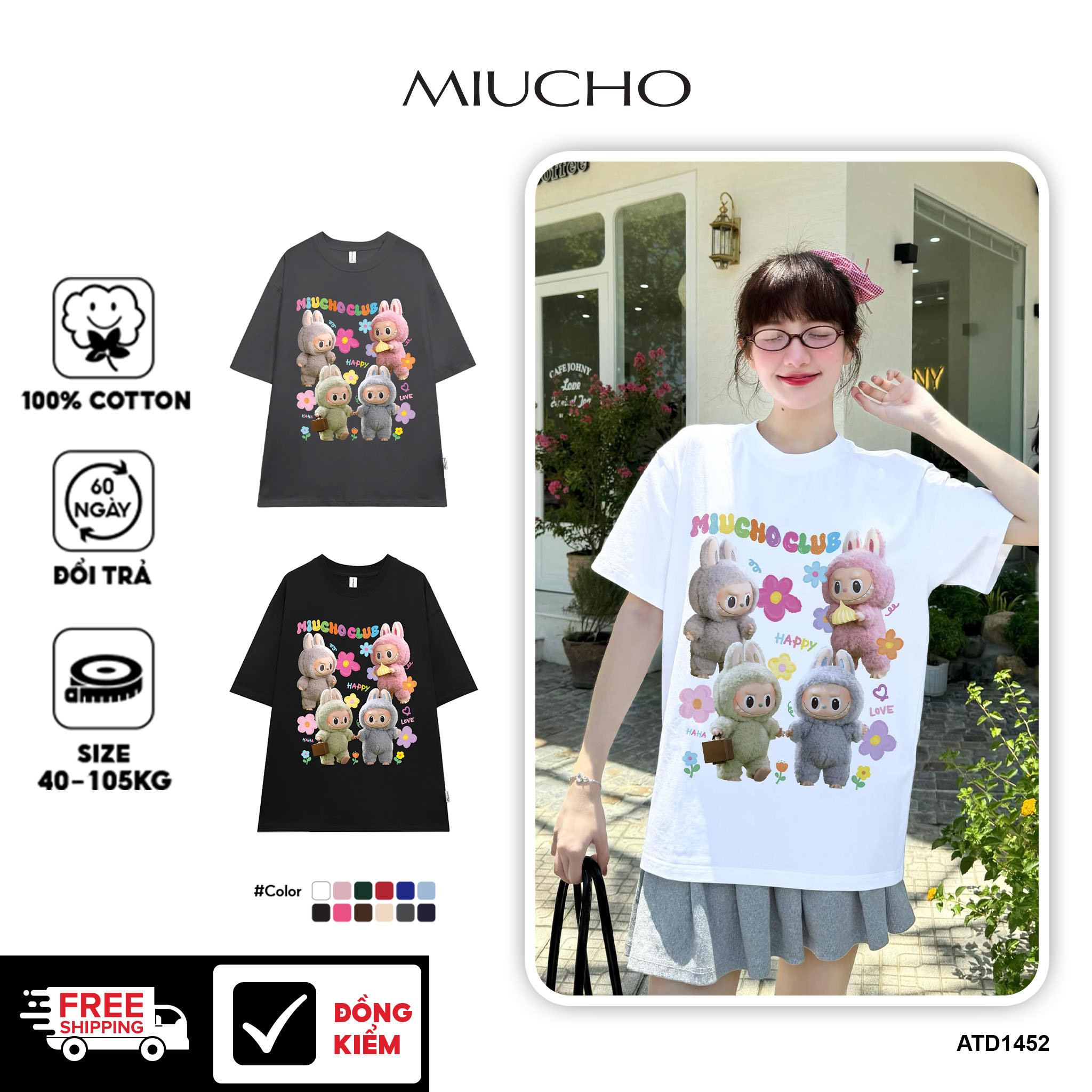 Áo thun labubu dễ thương form rộng nhiều màu ATD1452 Miucho vải cotton cổ tròn in mix