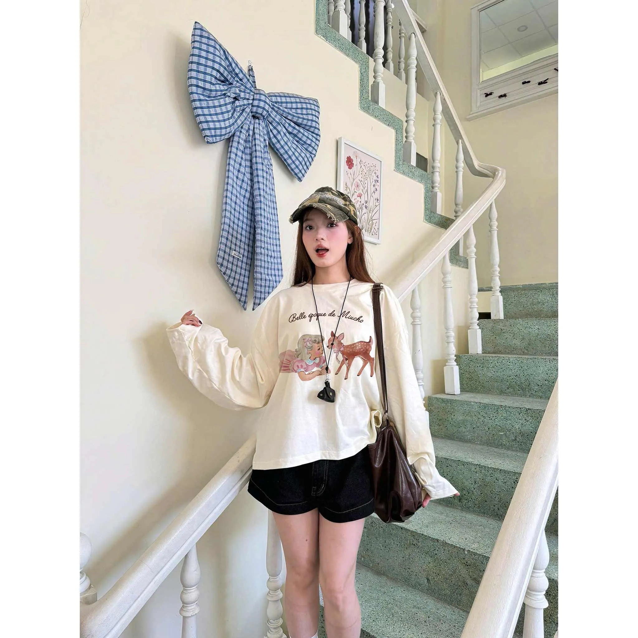 Áo tay dài boxy Miucho cotton co giãn 2C cổ tròn in hình dễ thương phong cách vintage 2649_thumbnail_4