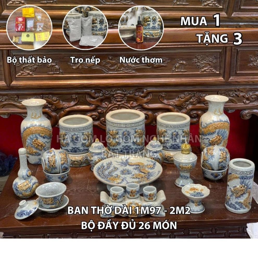 HG019 Đồ Thờ Cúng Bộ 26 món ban thờ 1M97 - 2M2 men rạn nổi nghệ nhân Bát Tràng chế tác TẶNG Thất Bảo, Tro Nếp