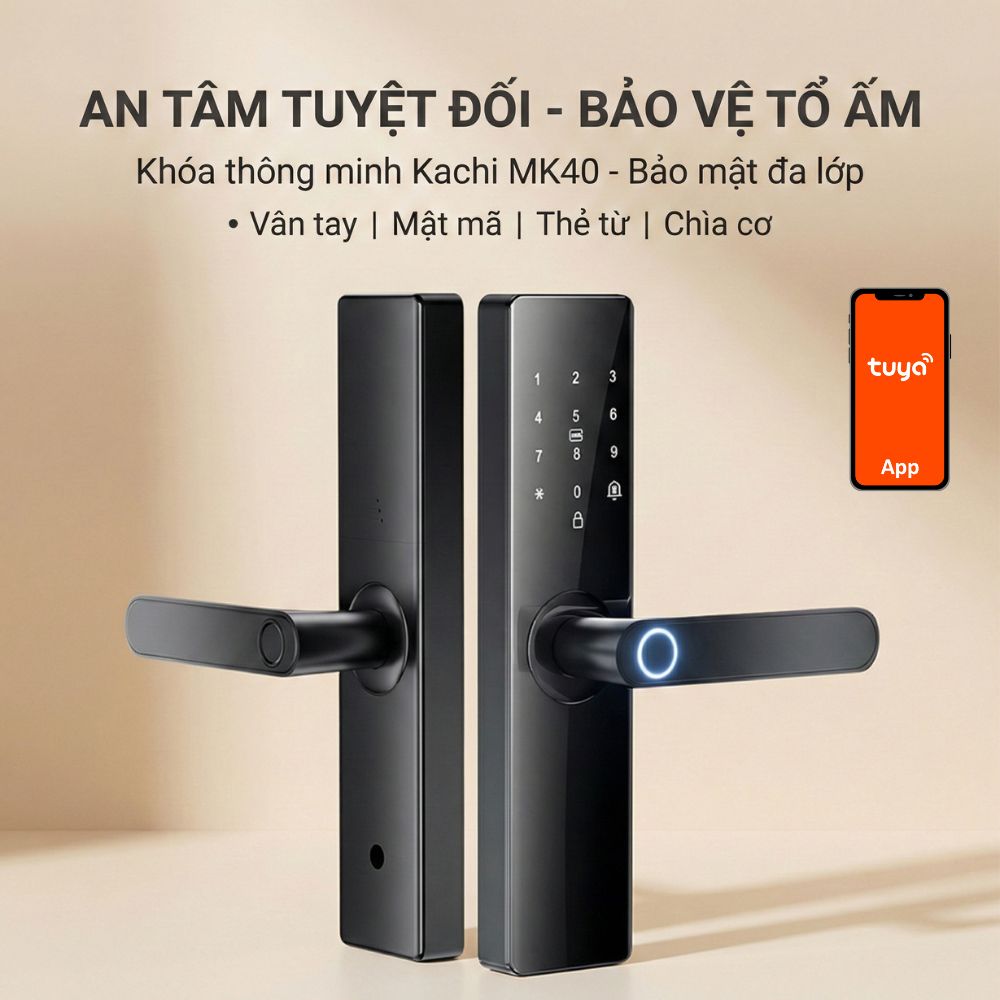 Khóa Cửa Thông Minh Kachi MK40 – Mở Khóa App Tuya + Vân tay + Chìa khóa + Thẻ từ + Mã số