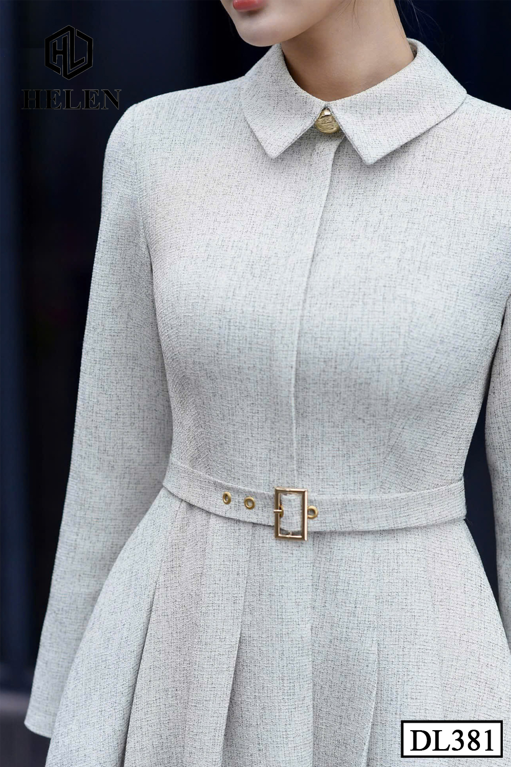 (Pre-order) Đầm dạ xòe màu ghi sáng cổ đức + kèm đai DL381_thumbnail_2