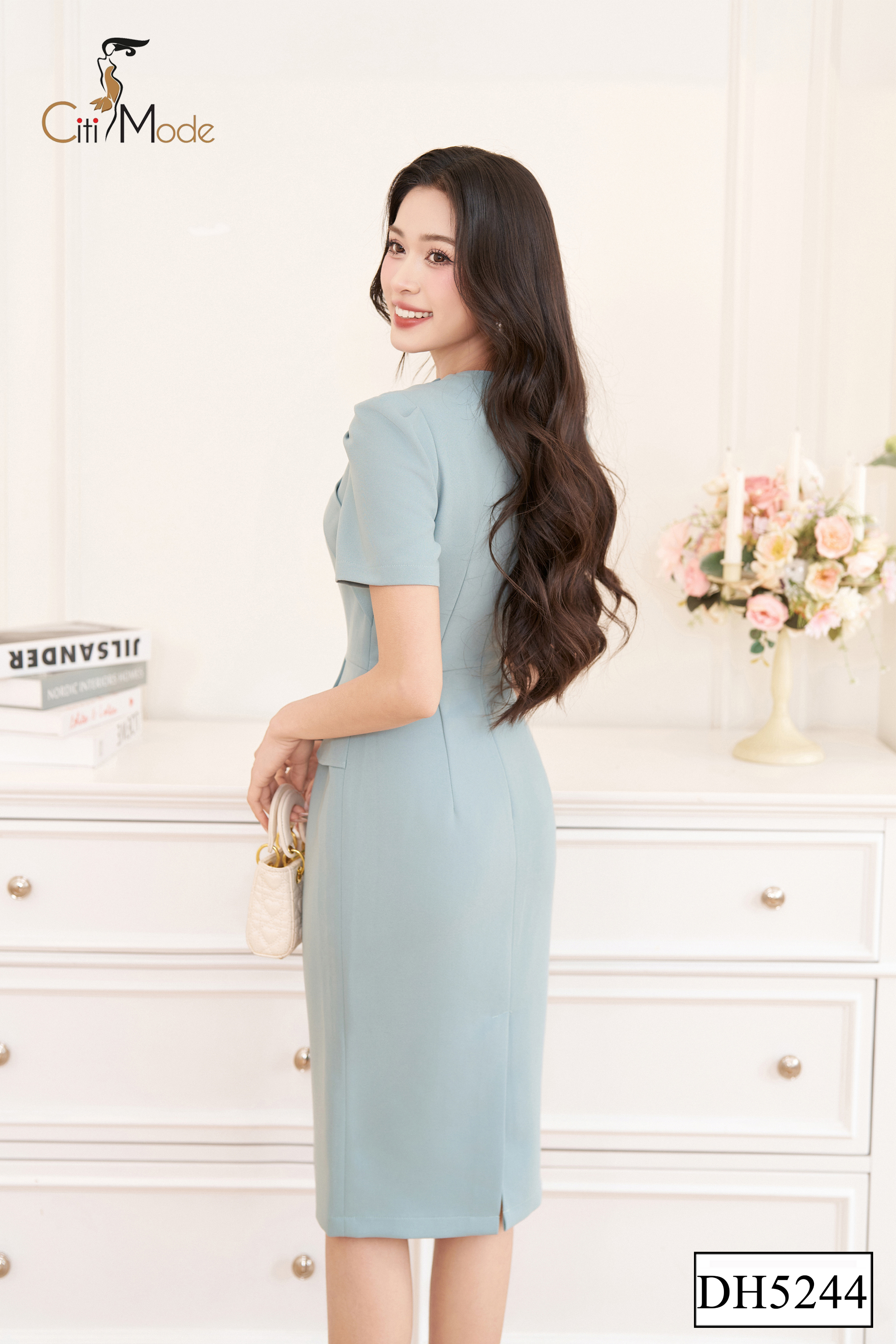 Đầm ôm peplum xanh cổ V phối nơ_thumbnail_2