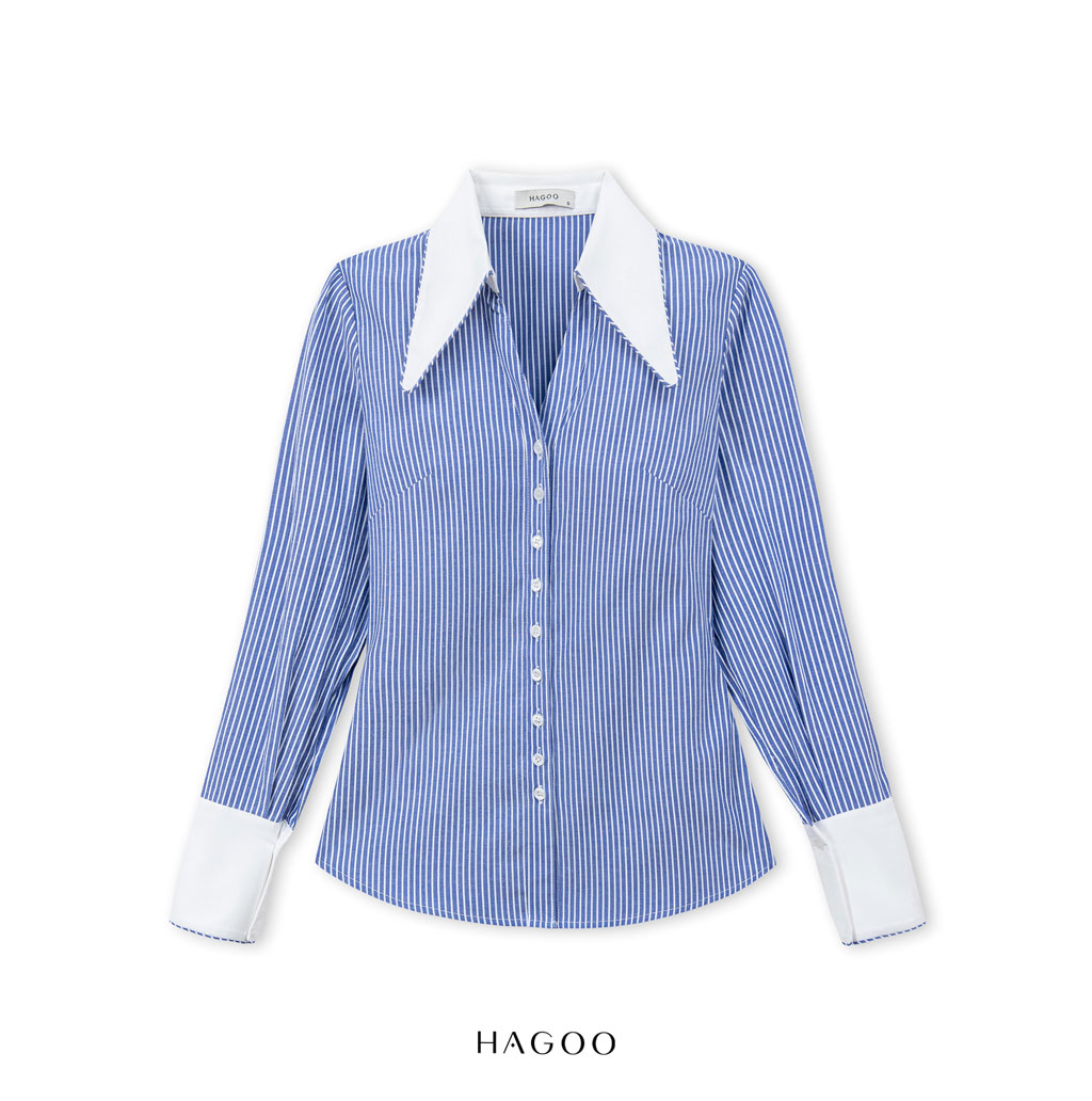 Áo sơ mi sọc cổ nhọn phối cổ trắng HAGOO_thumbnail_4