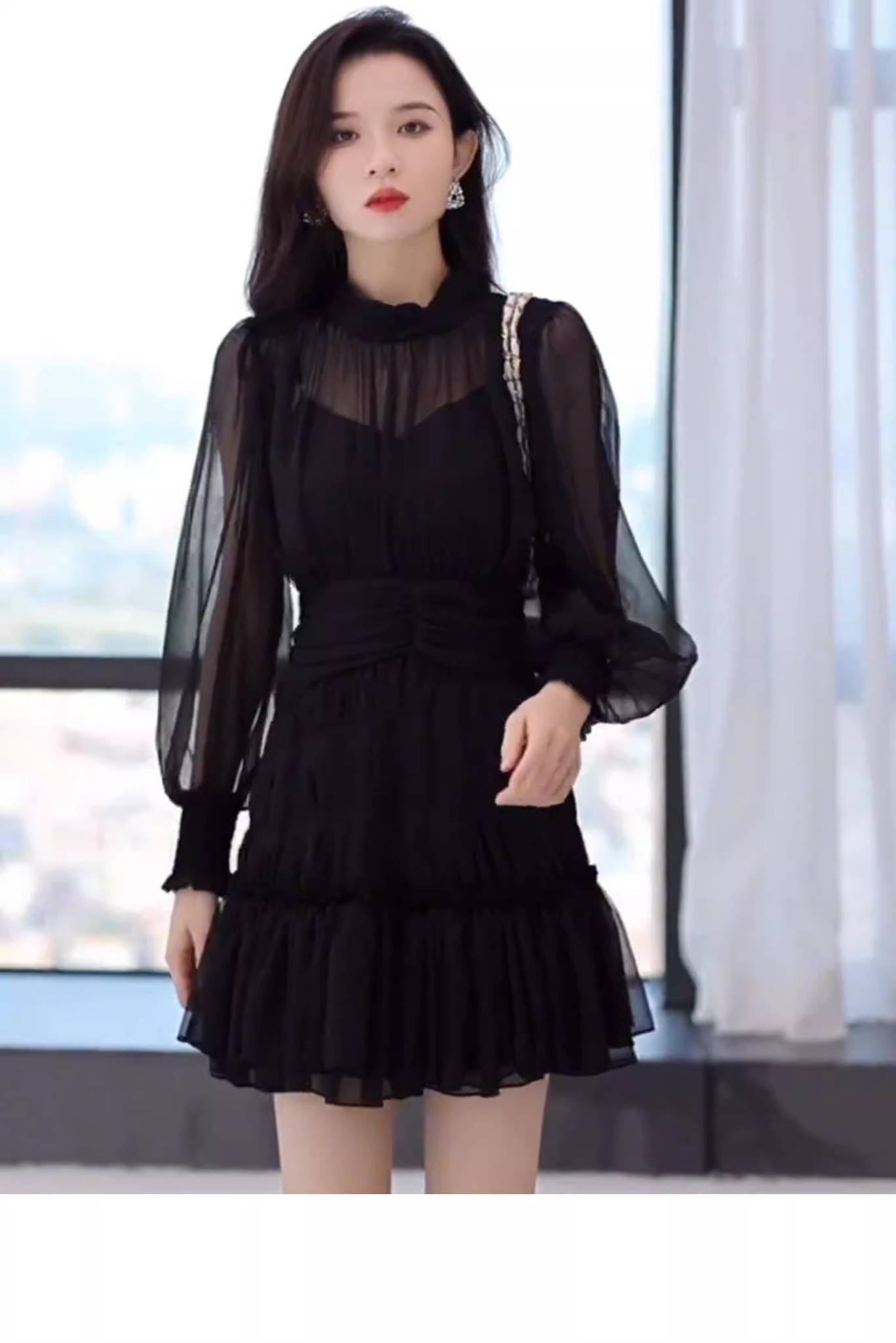 16153-Đầm voan đen tay dài phối bèo tầng ( voan, lót)_thumbnail_0