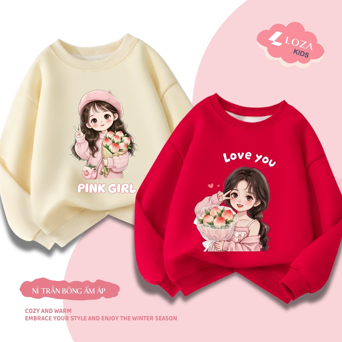 Áo sweater bé gái in hình bé gái Hot trend - Loza Kids IN005