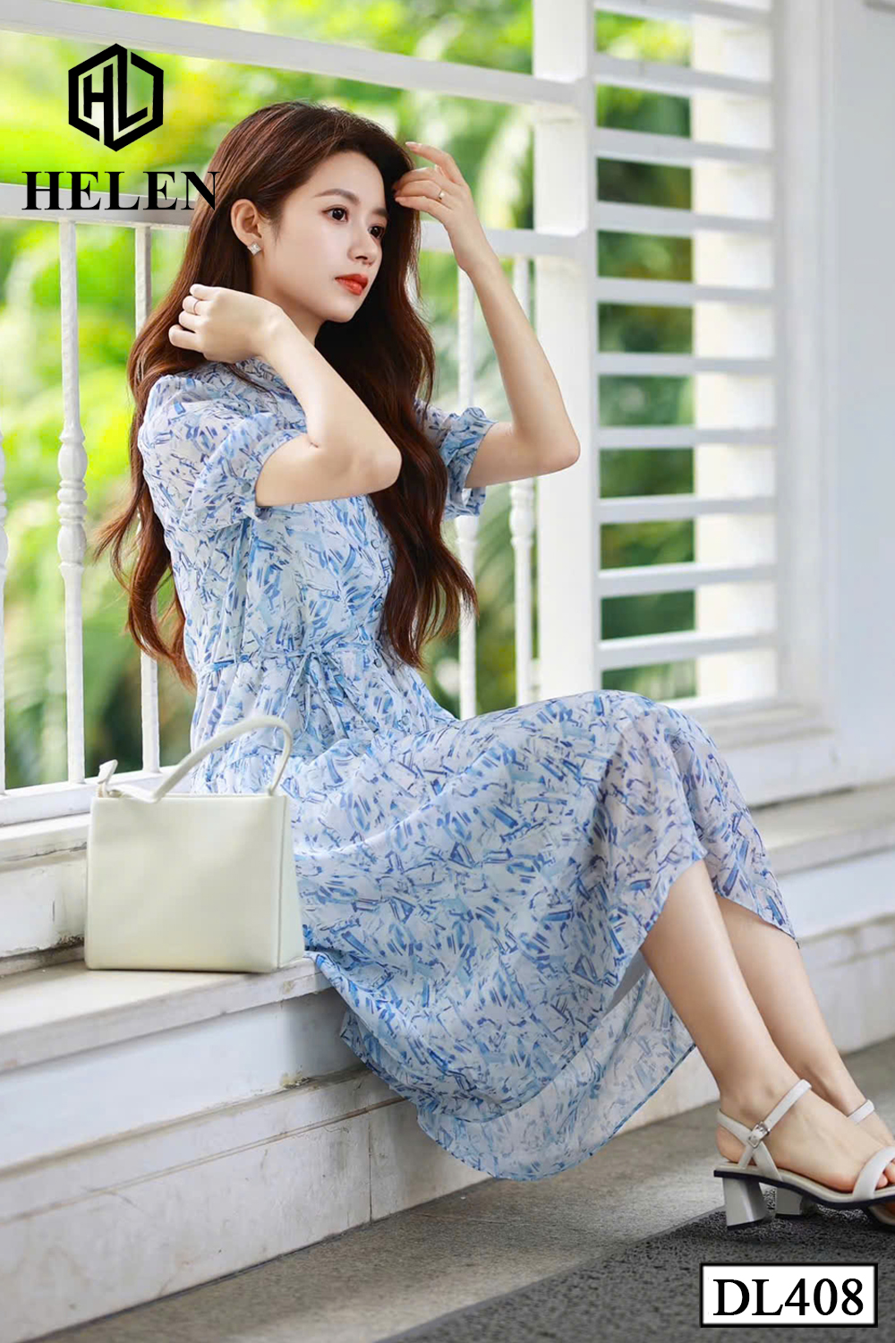 Đầm xòe họa tiết xanh DL408