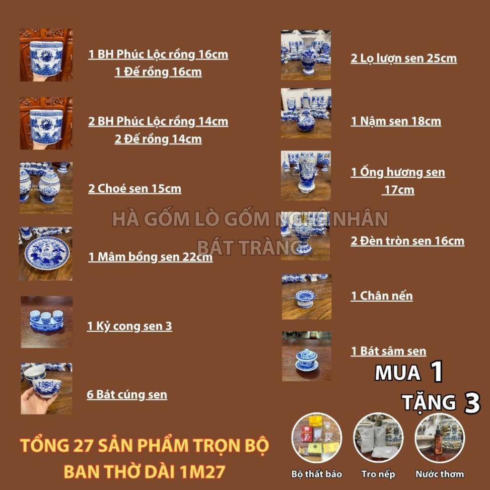 HG361 Đồ Thờ Cúng Bộ 27 món ban thờ 1M27 men lam nghệ nhân Bát Tràng chế tác TẶNG Thất Bảo, Tro Nếp_thumbnail_1