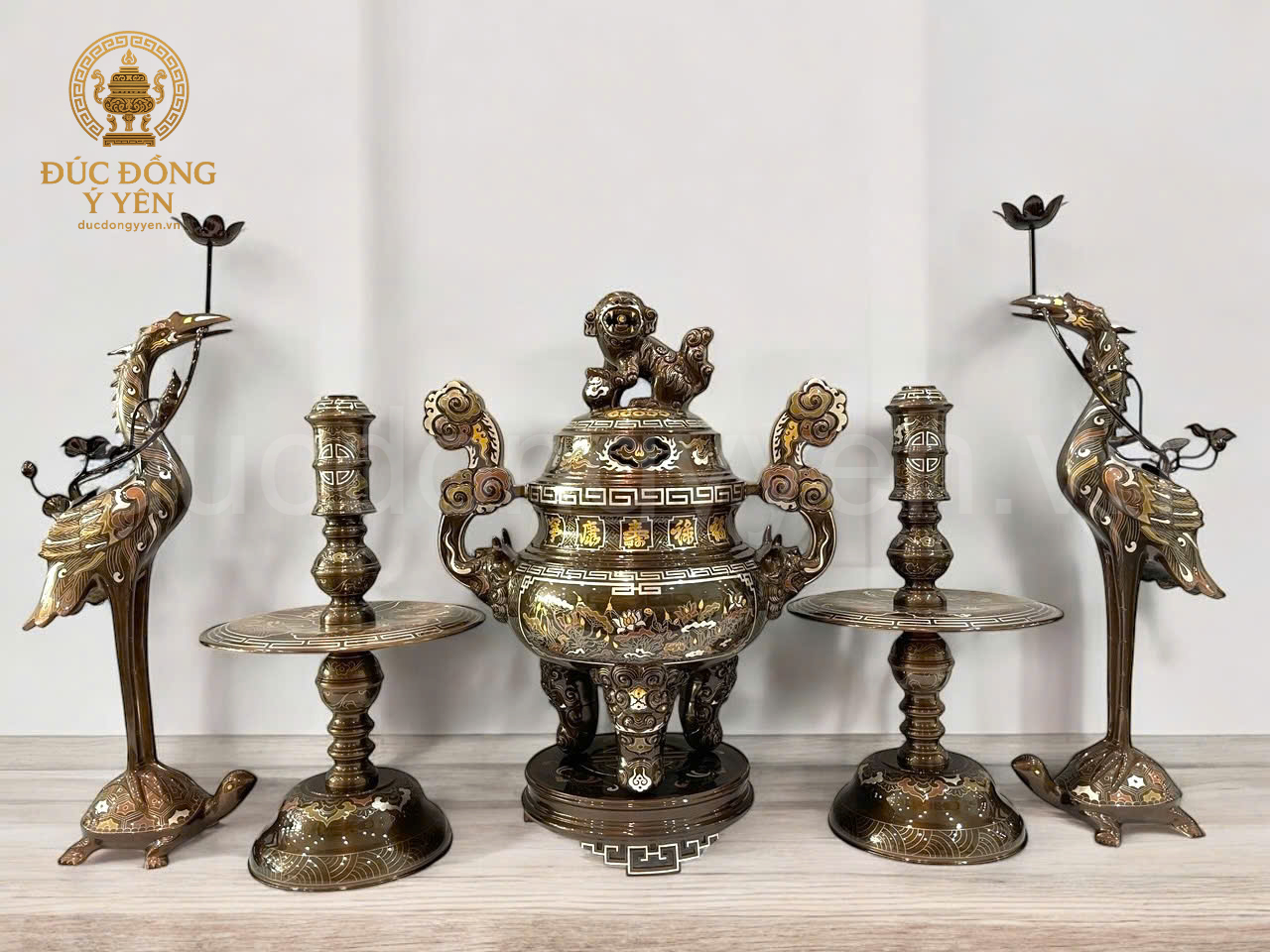 Bộ ngũ sự cao 60cm khảm ngũ sắc hoa văn khảm sen sắc nét