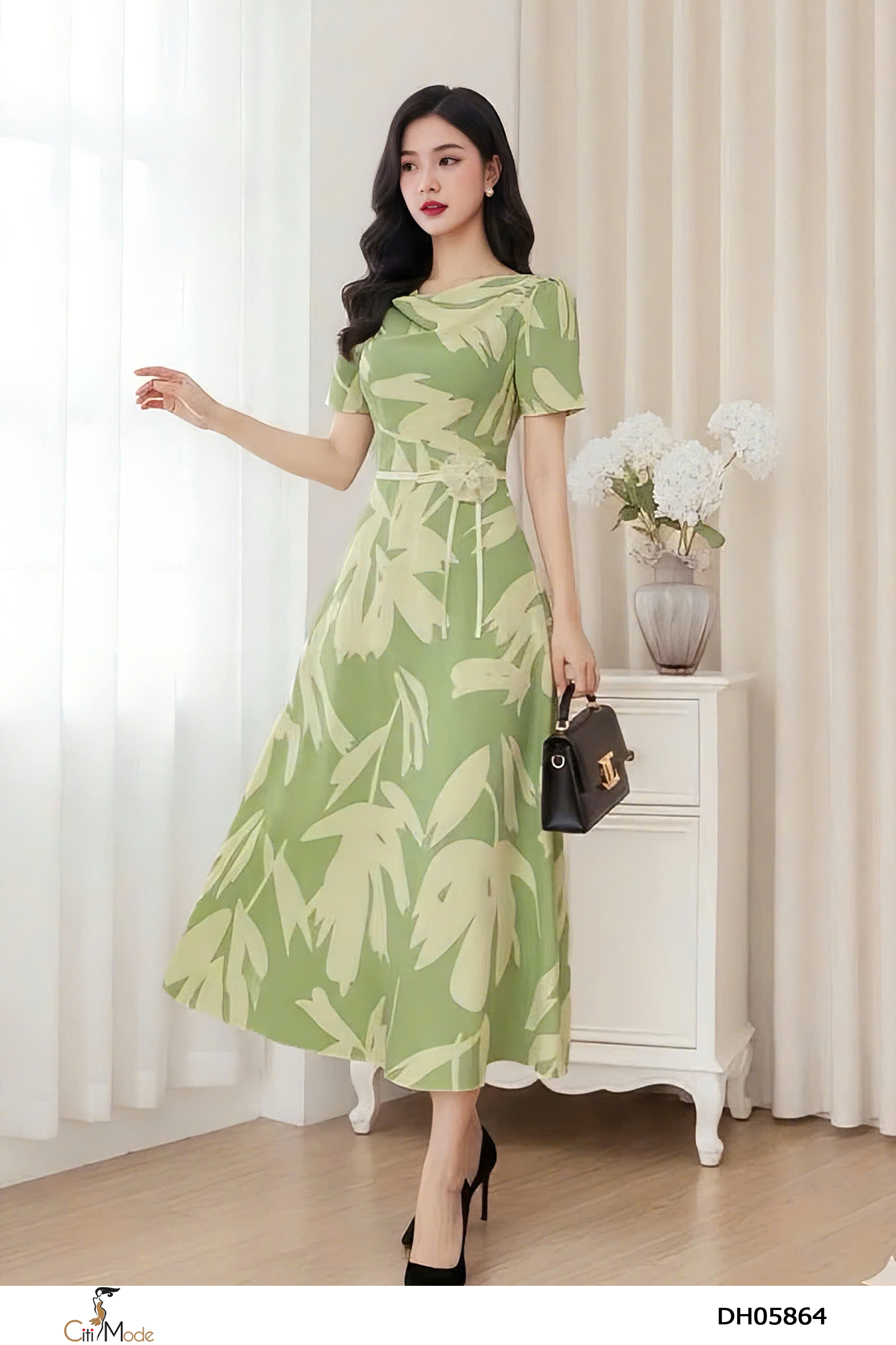 Đầm xòe hoa nổi xanh 3D tay cộc, cổ cách điệu đai eo hoa