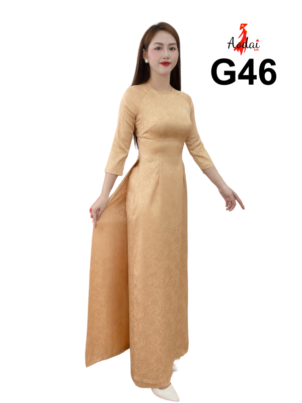 Áo dài Gấm G46 màu da, cổ tròn tay lỡ