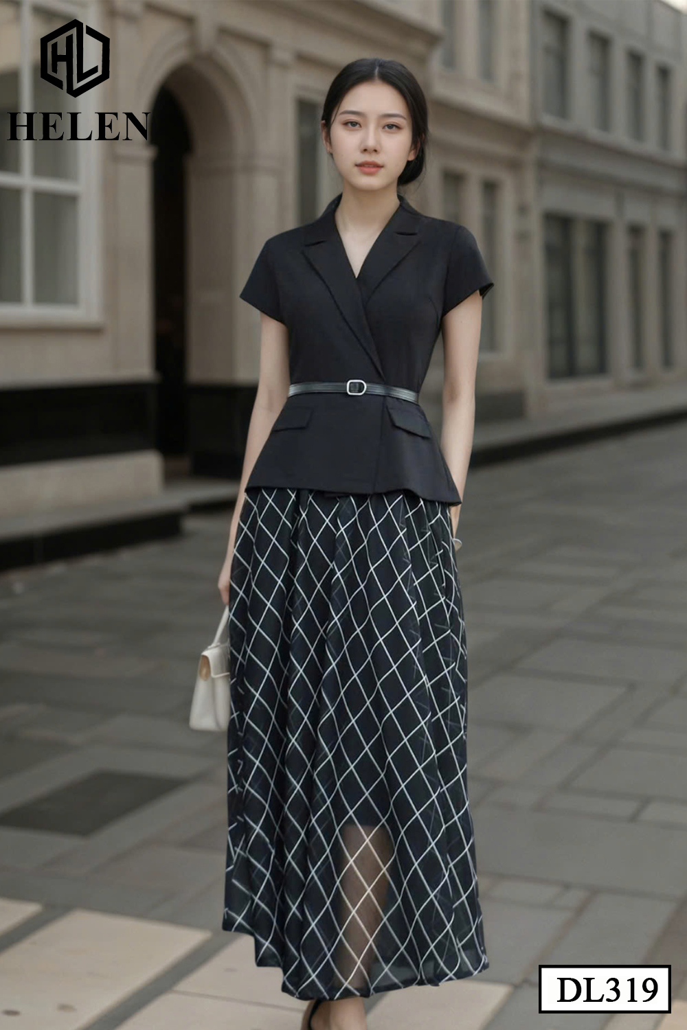 Đầm xòe cổ vest đen phối chân họa tiết DL319_thumbnail_2