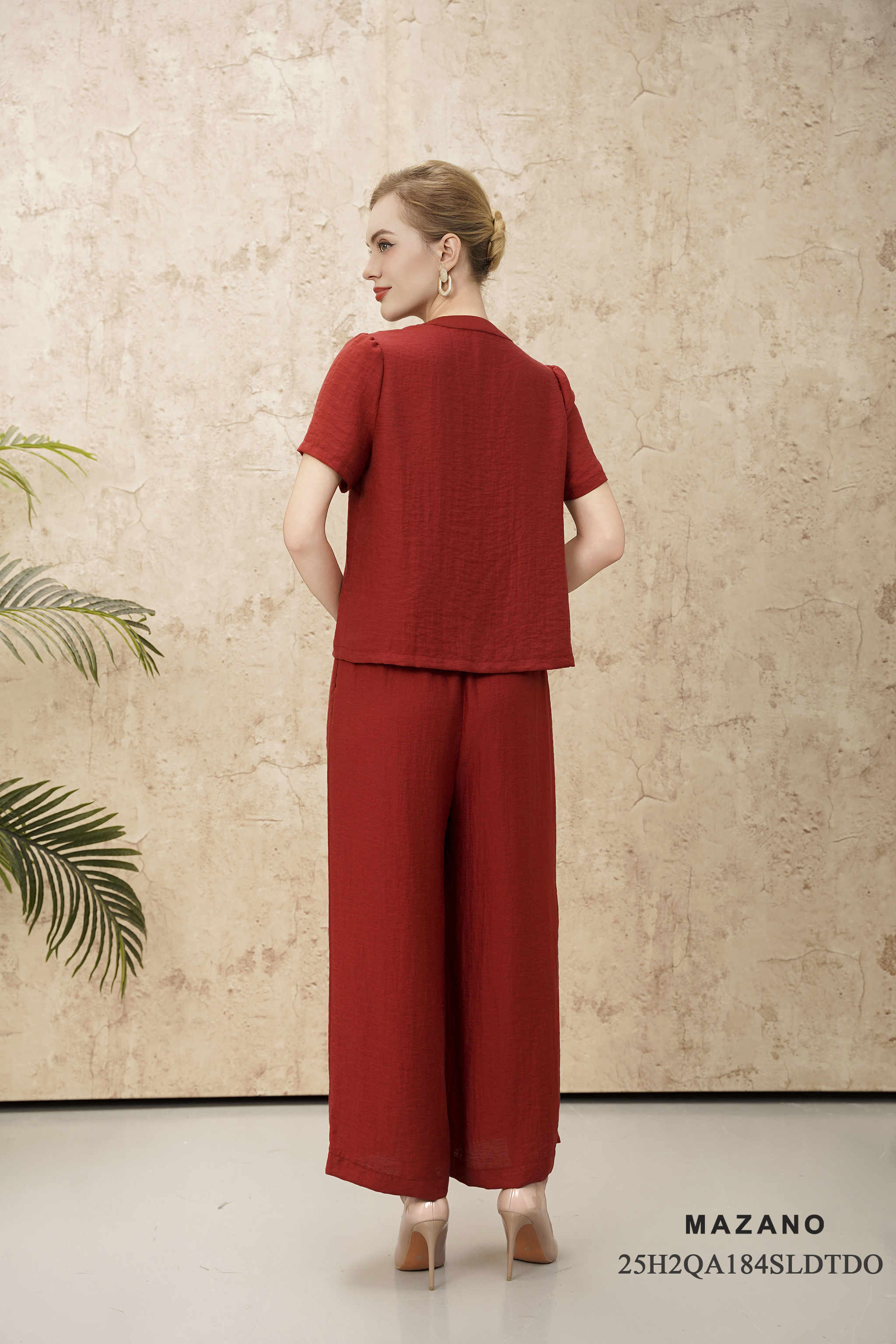 Bộ Quần và Áo suông Vải linen lụa Đính trang trí hoa thủ công Cổ tàu cách điệu Tay ngăn Dài quần tới mắt cá chân_thumbnail_4