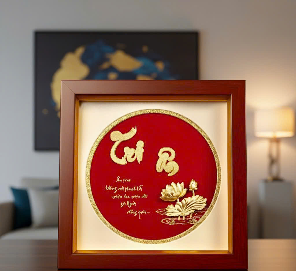 Tranh quà tặng tranh chữ Tri Ân mạ vàng 24k KT 23X 23CM 