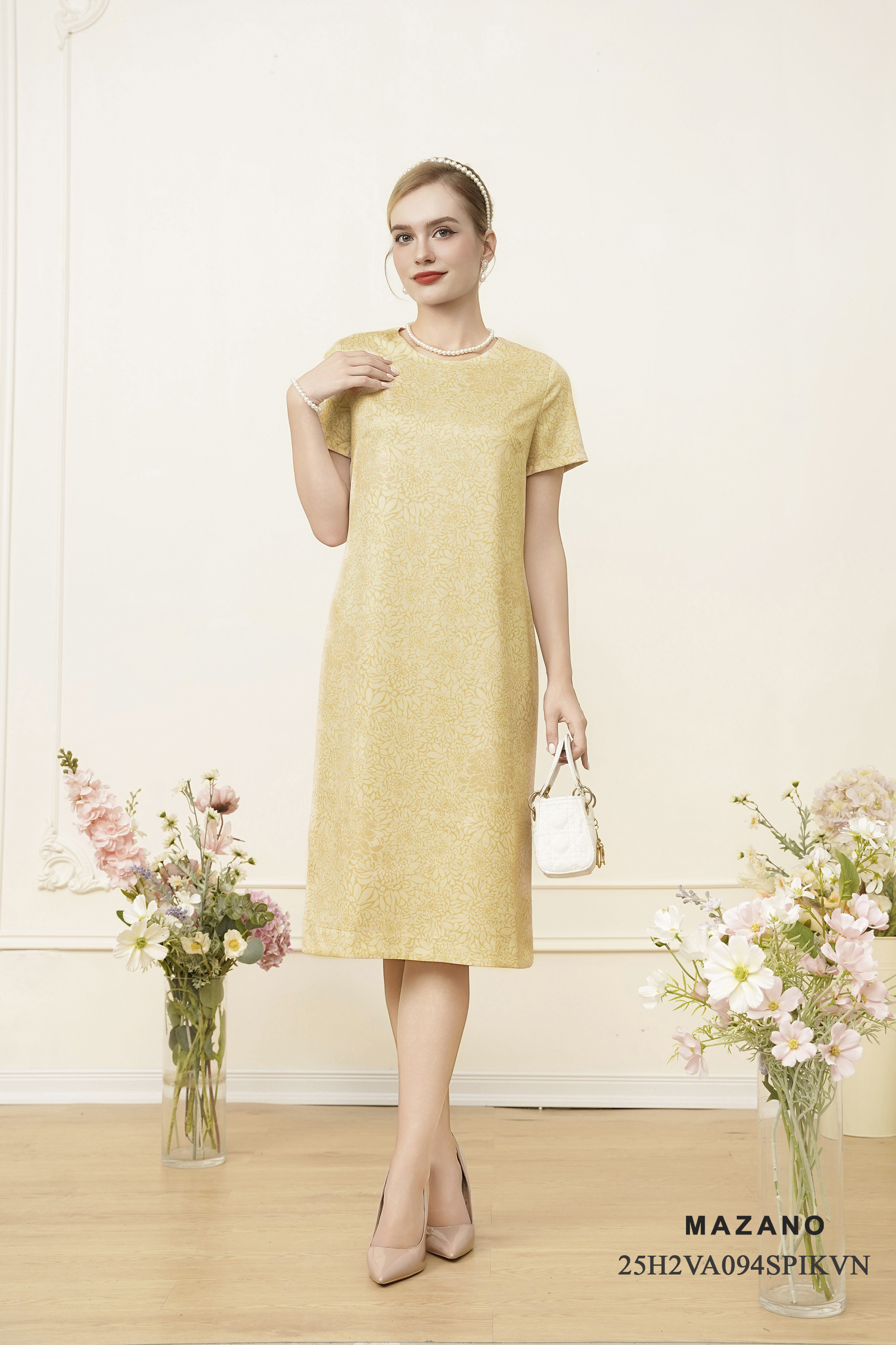 Váy Đầm Suông Vải thô sạn Hoạ tiết hoa in chìm cách điệu Cổ tròn Tay ngắn Dài trên bắp chân