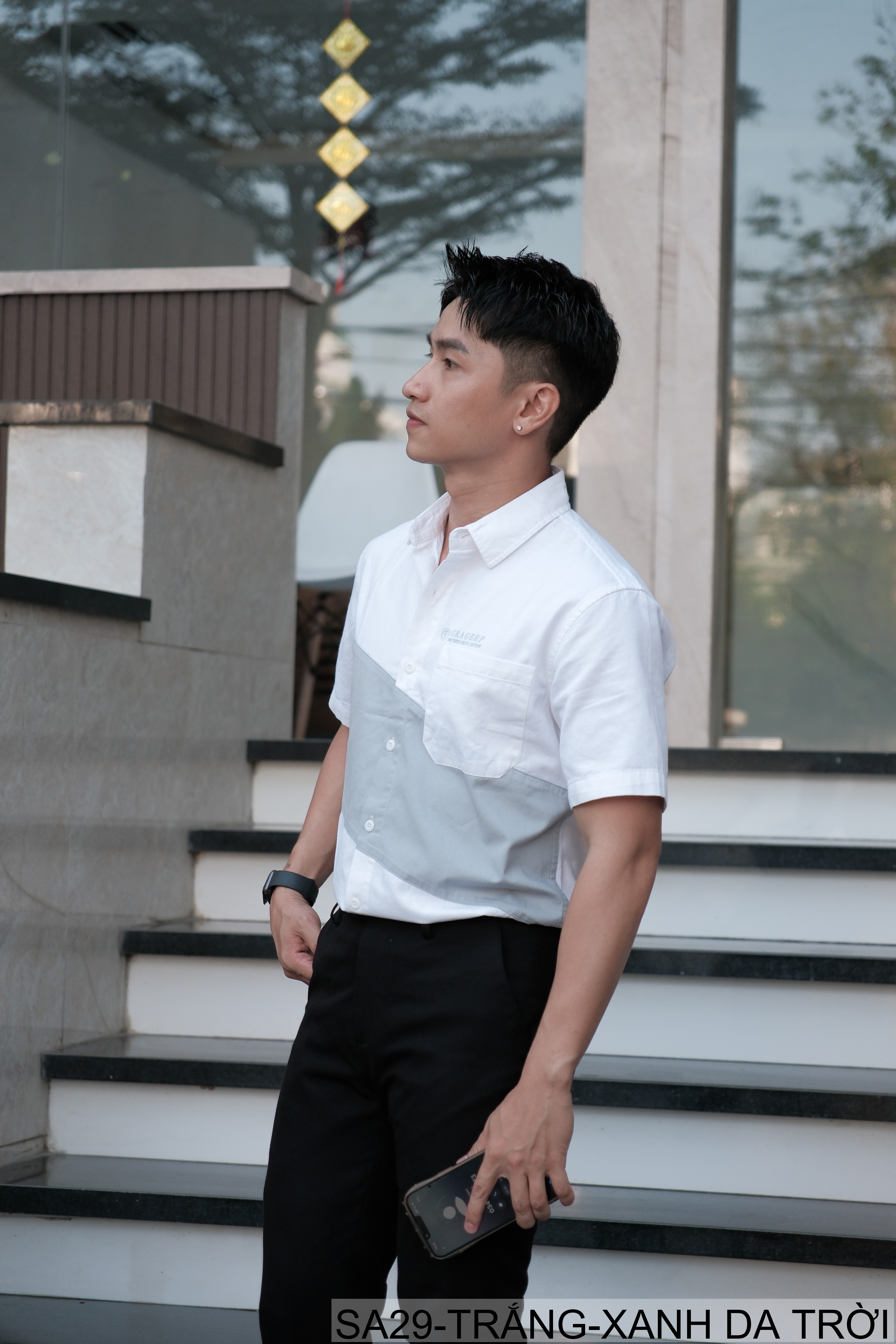 SA29 - Áo sơ mi nam tay ngắn phối màu trắng xám/xanh da trời phong cách Hàn Quốc_thumbnail_8