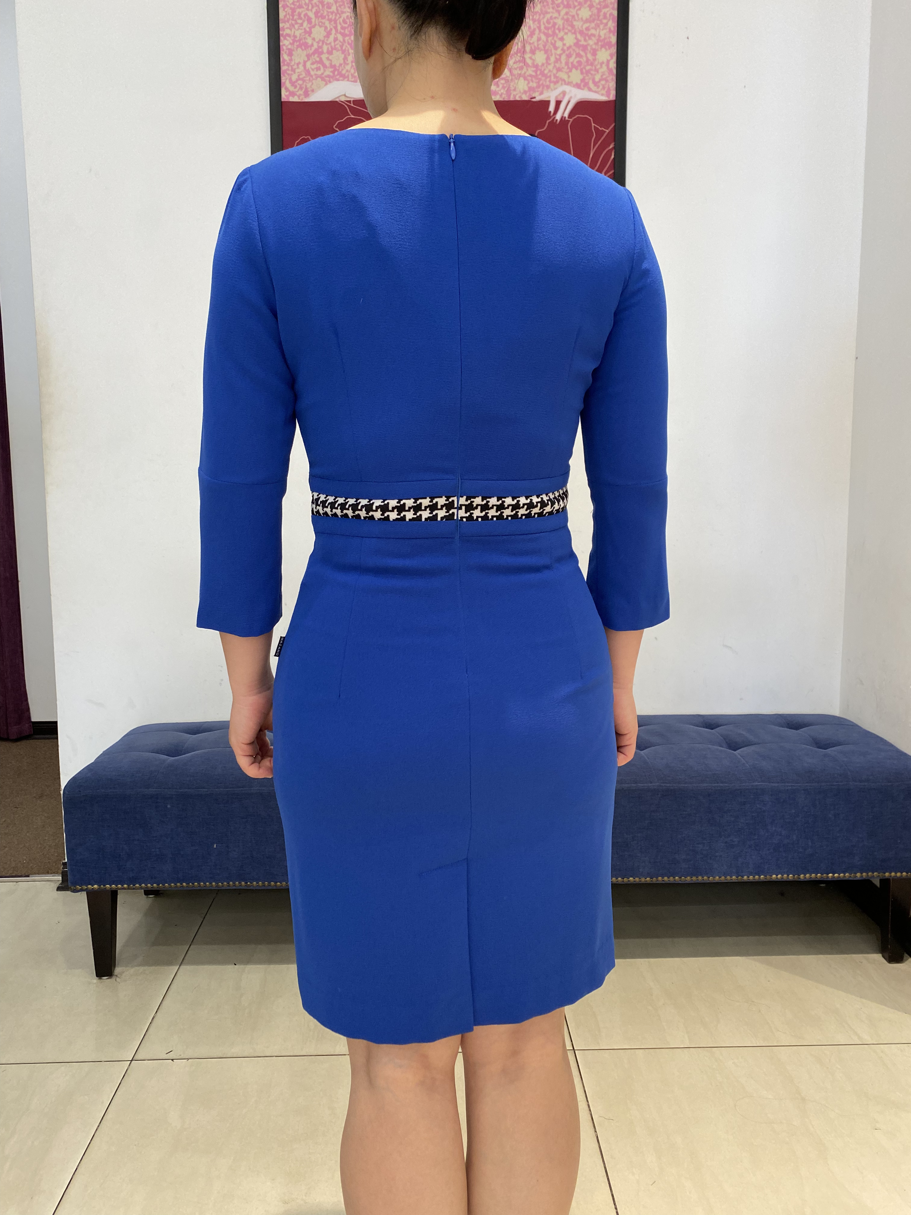 Đầm xanh phối họa tiết kẻ ca rô, kéo khóa trước_thumbnail_3